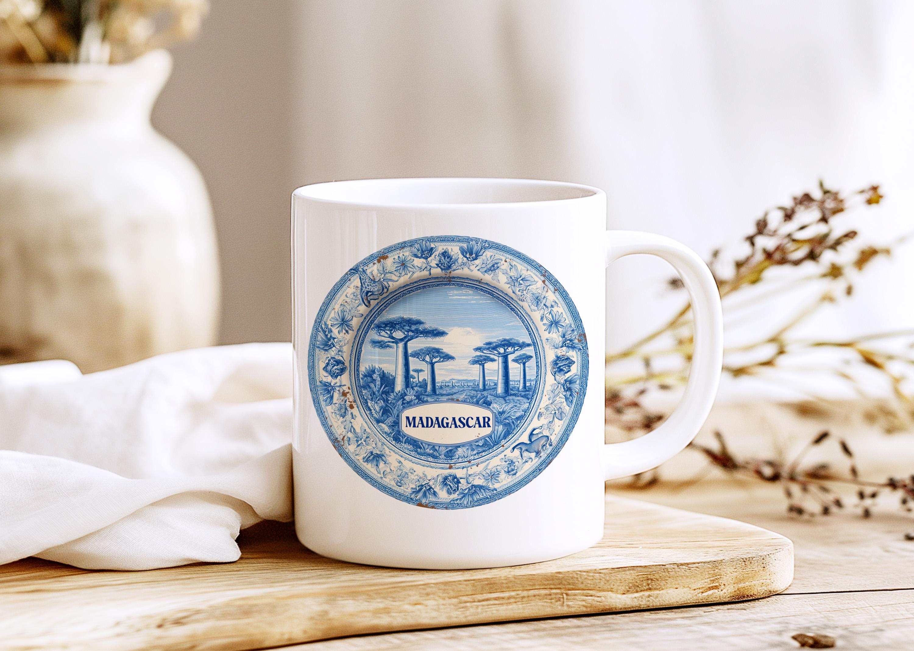Madagascar Mug, Custom Delft Style cup, Personalized Vintage Travel City Gift