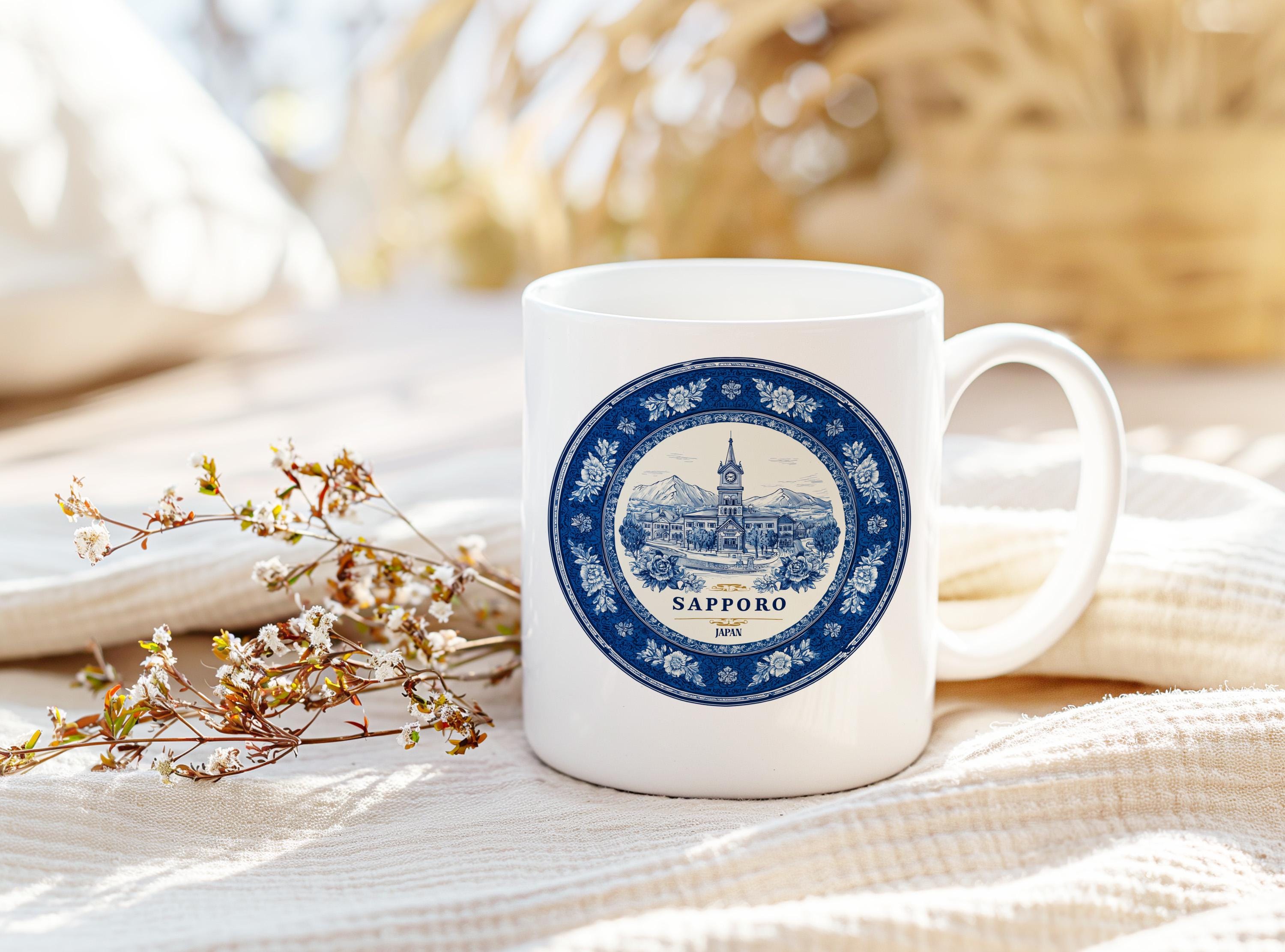 Sapporo Japan Mug, Custom Delft Style cup, Personalized Vintage Travel City Gift