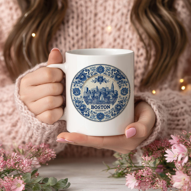 Boston Massachusetts Mug, Custom Delft Style cup, Personalized Vintage Travel City Gift