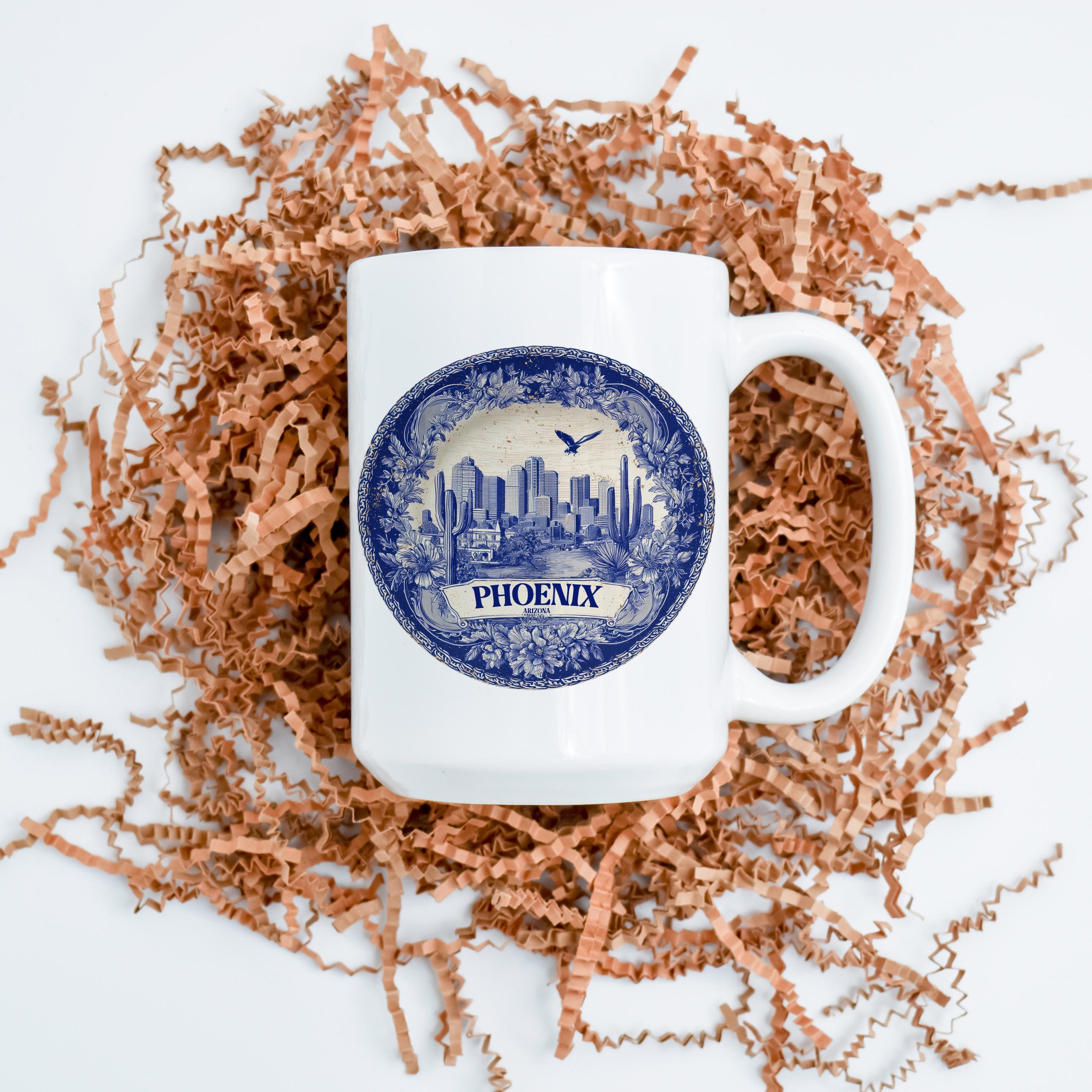 Phoenix Arizona Mug, Custom Delft Style cup, Personalized Vintage Travel City Gift