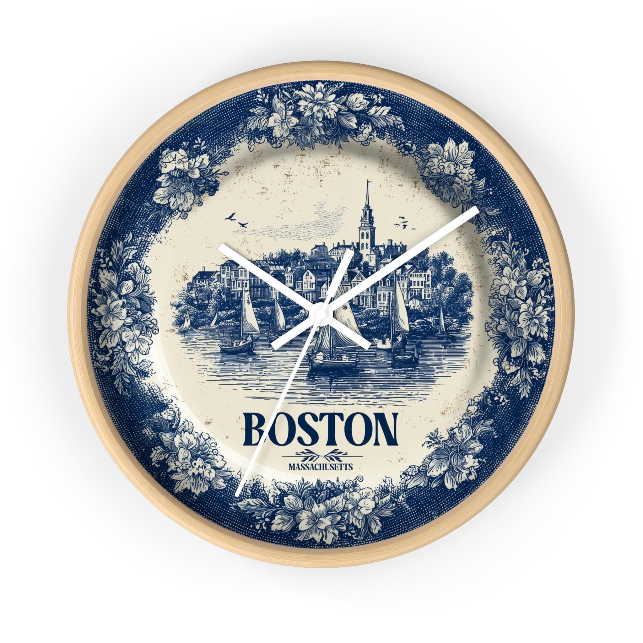 Boston Massachusetts2 Wall Clock, Delf style Home Decor, Vintage City Travel Keepsake Art