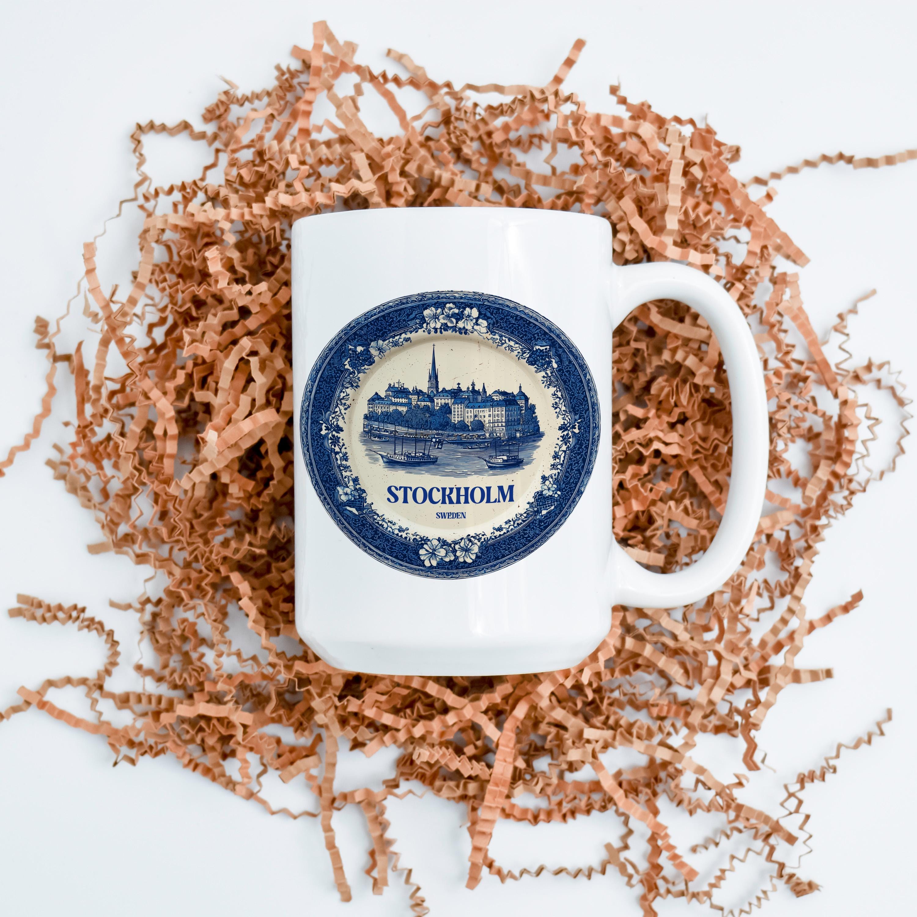 Stockholm Sweden Mug, Custom Delft Style cup, Personalized Vintage Travel City Gift