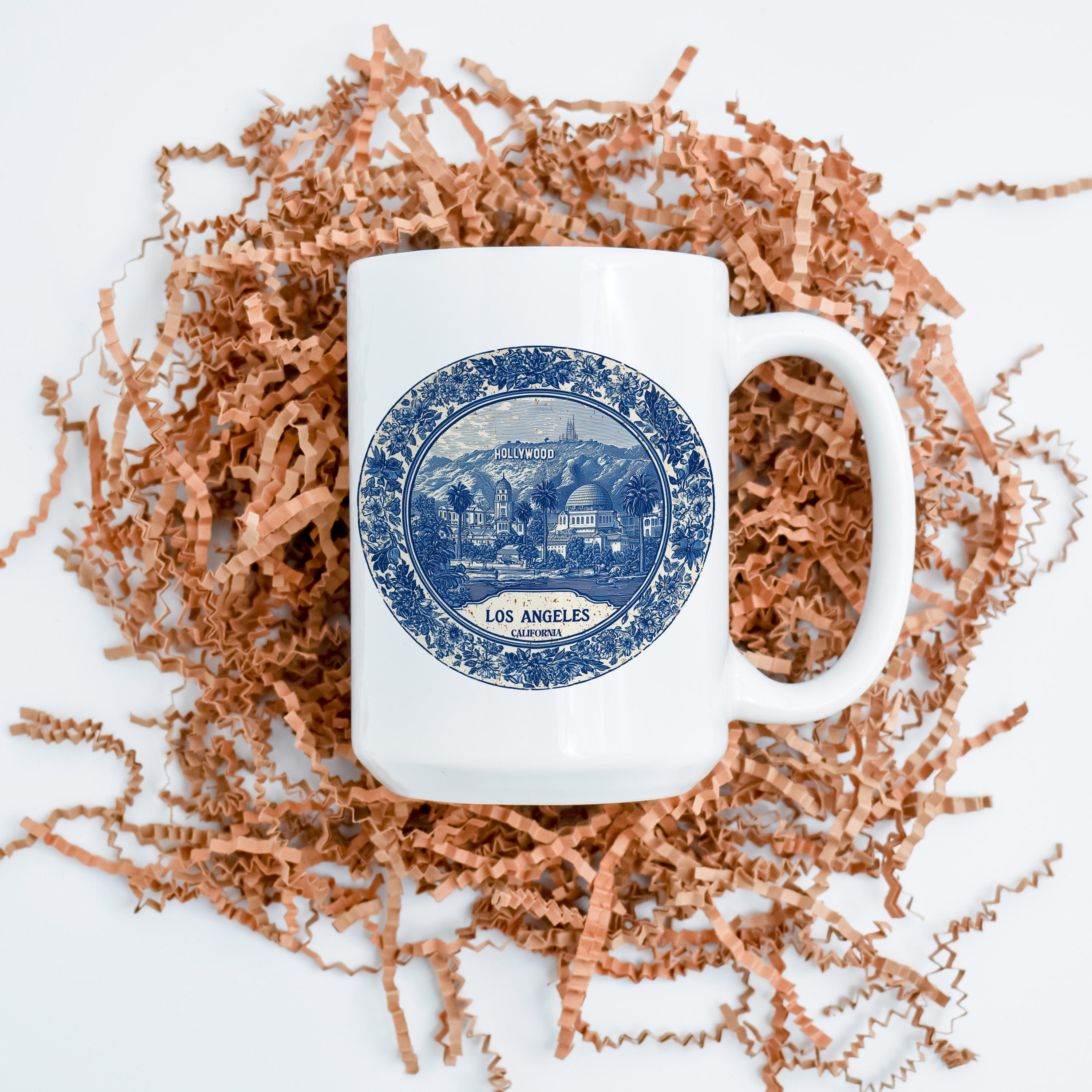 Los Angeles California Mug, Custom Delft Style cup, Personalized Vintage Travel City Gift