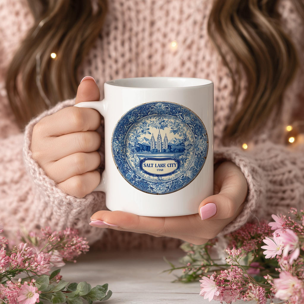 Salt Lake City Utah Mug, Custom Delft Style cup, Personalized Vintage Travel City Gift