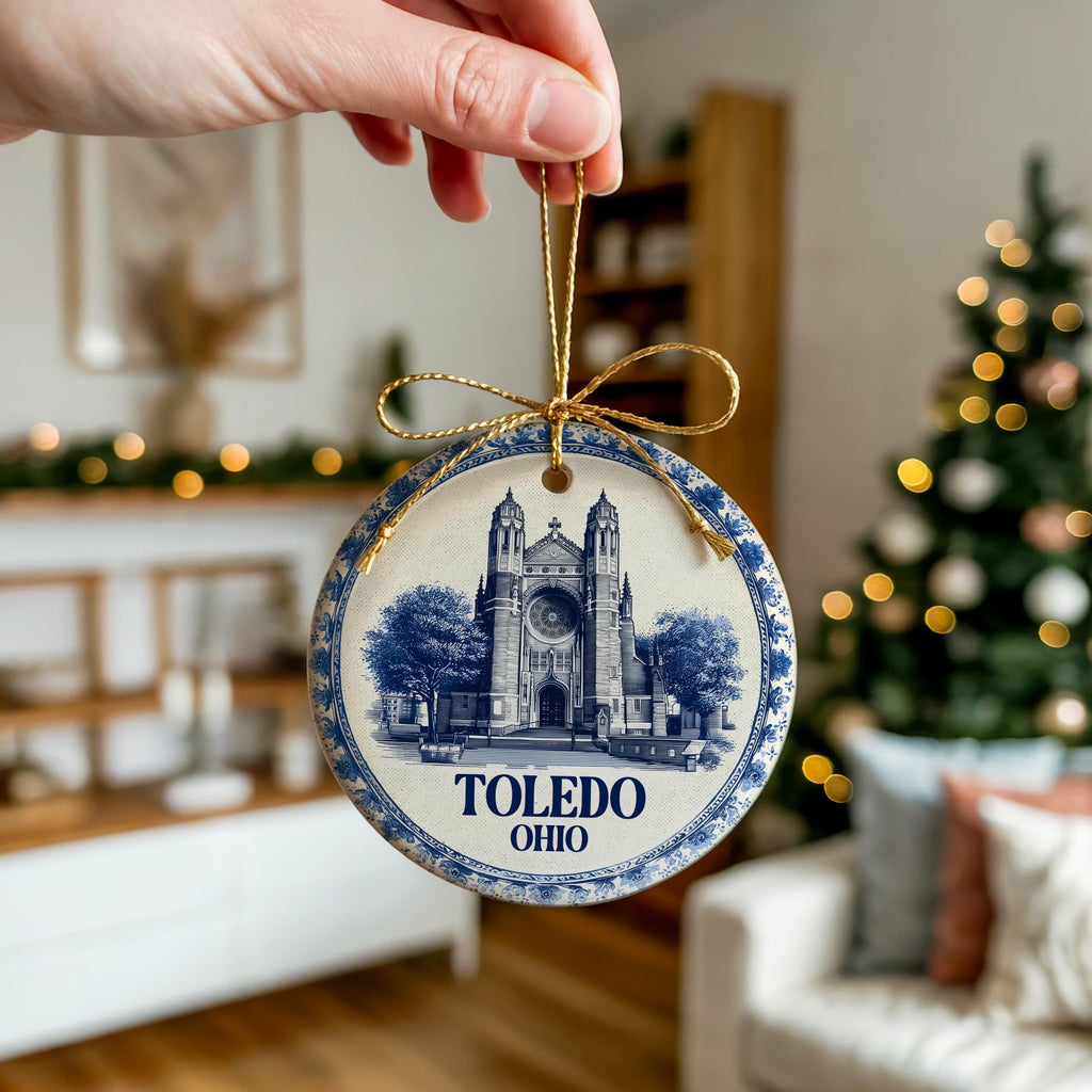 Custom Toledo Ohio Ceramic Delft Ornament, Christmas Delftware Blue Delftware city travel