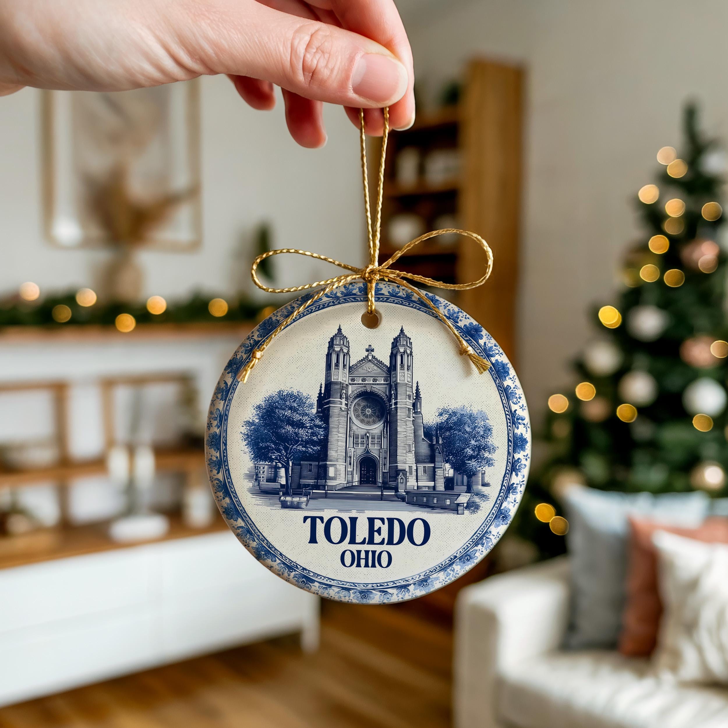 Custom Toledo Ohio Ceramic Delft Ornament, Christmas Delftware Blue Delftware city travel