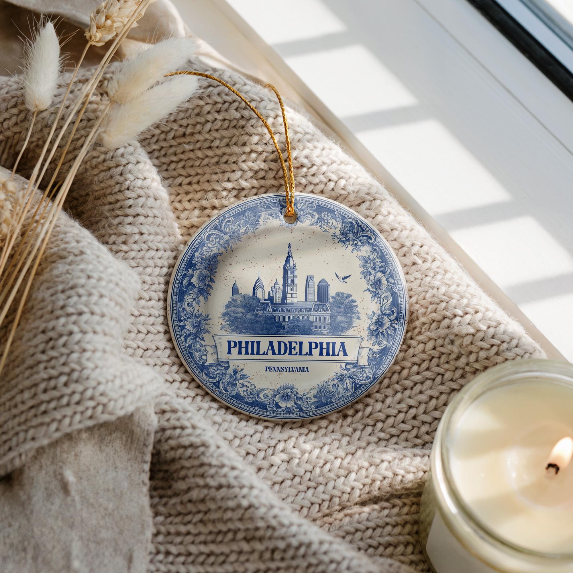 Custom Philadelphia Pennsylvania Ceramic Delft Ornament, Christmas Delftware Blue Delftware city travel