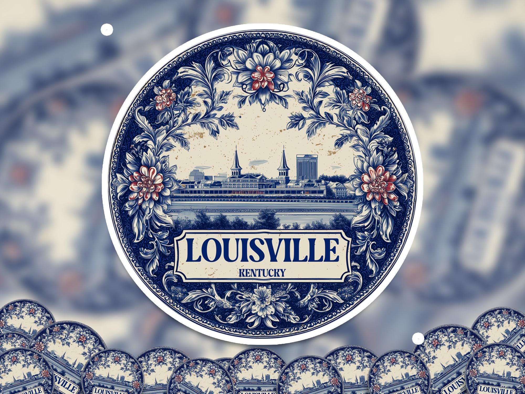 Louisville Kentucky Sticker Vintage Delft style, Delftware Decal Waterproof Vinyl, Blue City Travel