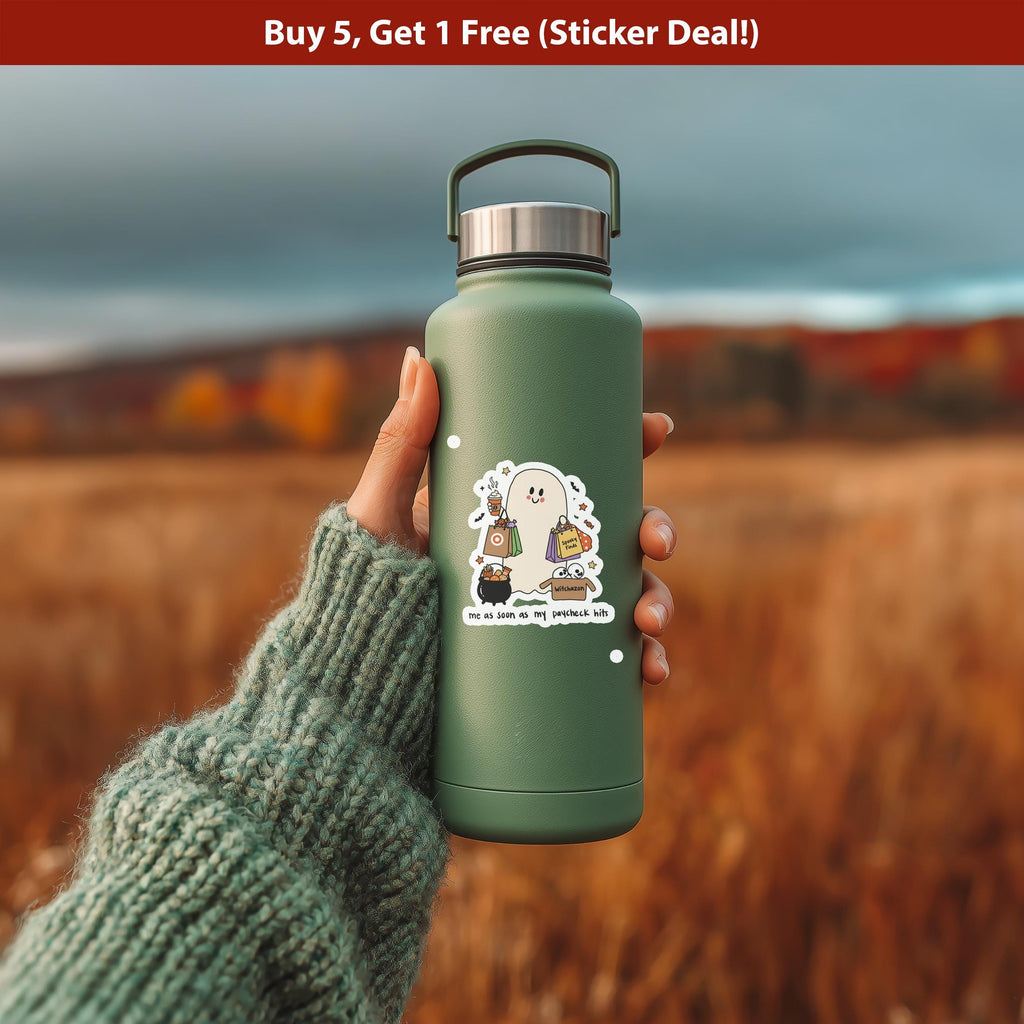 Me As Soon As My Paycheck Hits Sticker, Cute ghost shopping Halloween Vinyl Decal