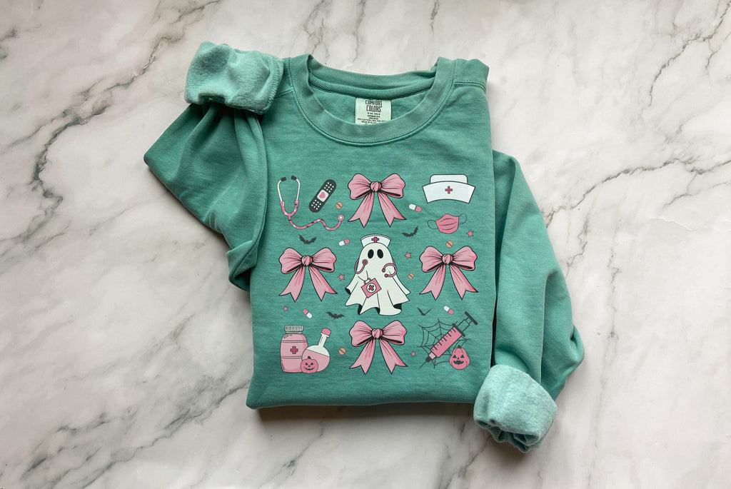 Cute nurse ghost Halloween Nurse Sweatshirt,  Pink Halloween Bow RN Fall Top Cozy Autumn Pullover, Cute Retro Gift for Nurse