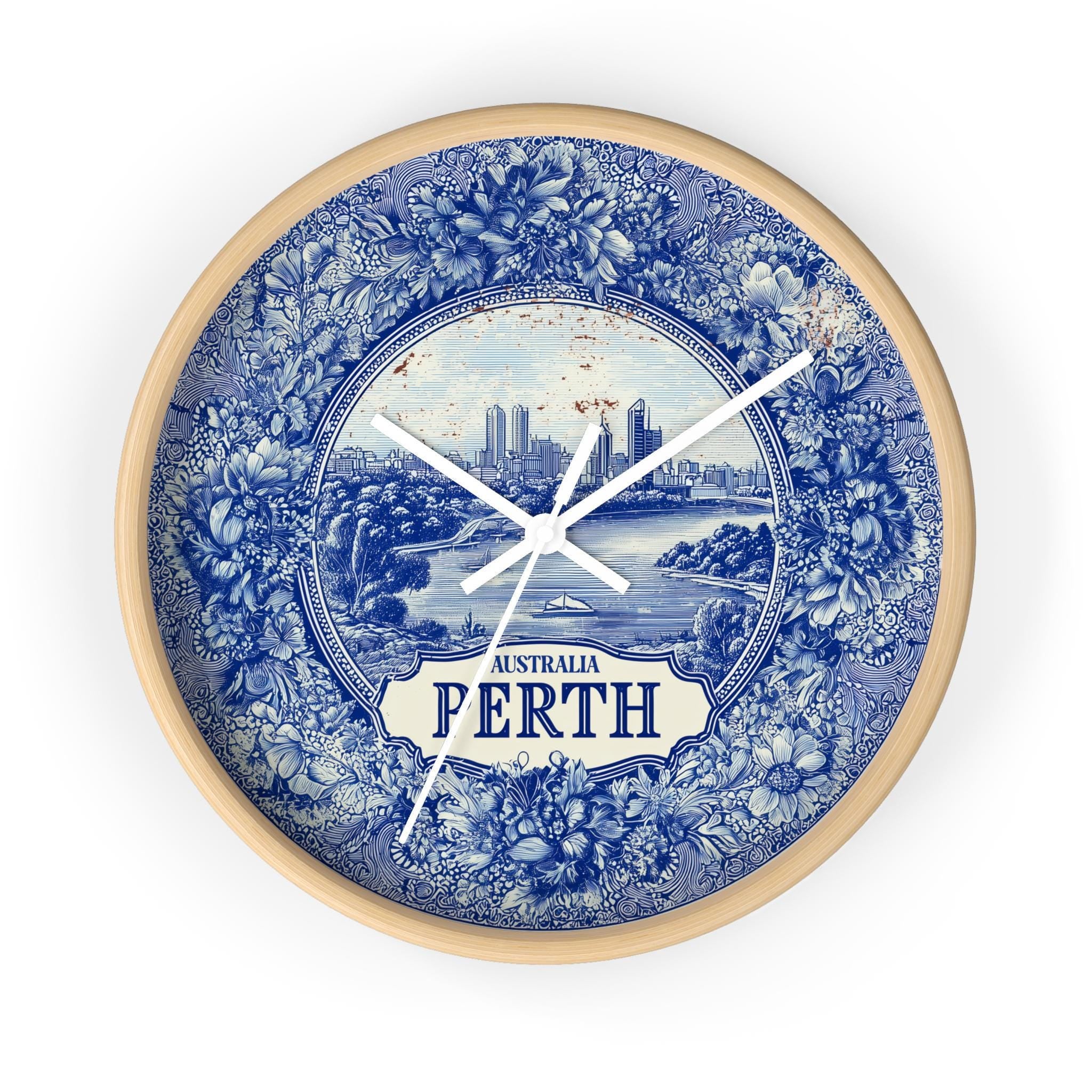 Perth Australia Wall Clock, Delf style Home Decor, Vintage City Travel Keepsake Art