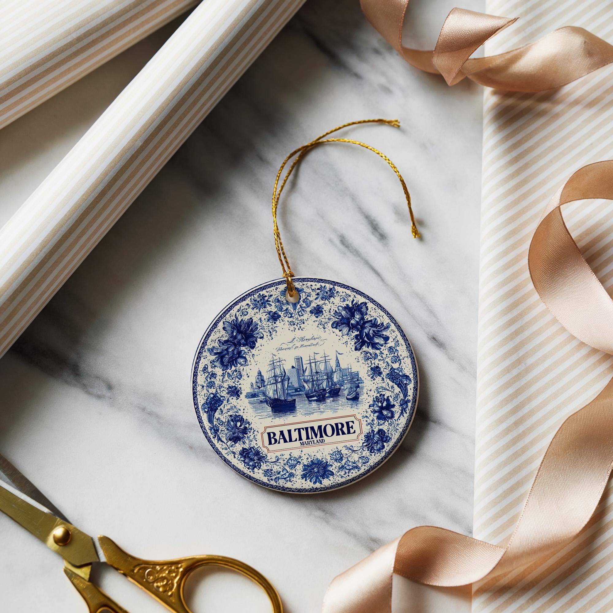 Custom Baltimore Maryland Ceramic Delft Ornament, Christmas Delftware Blue Delftware city travel