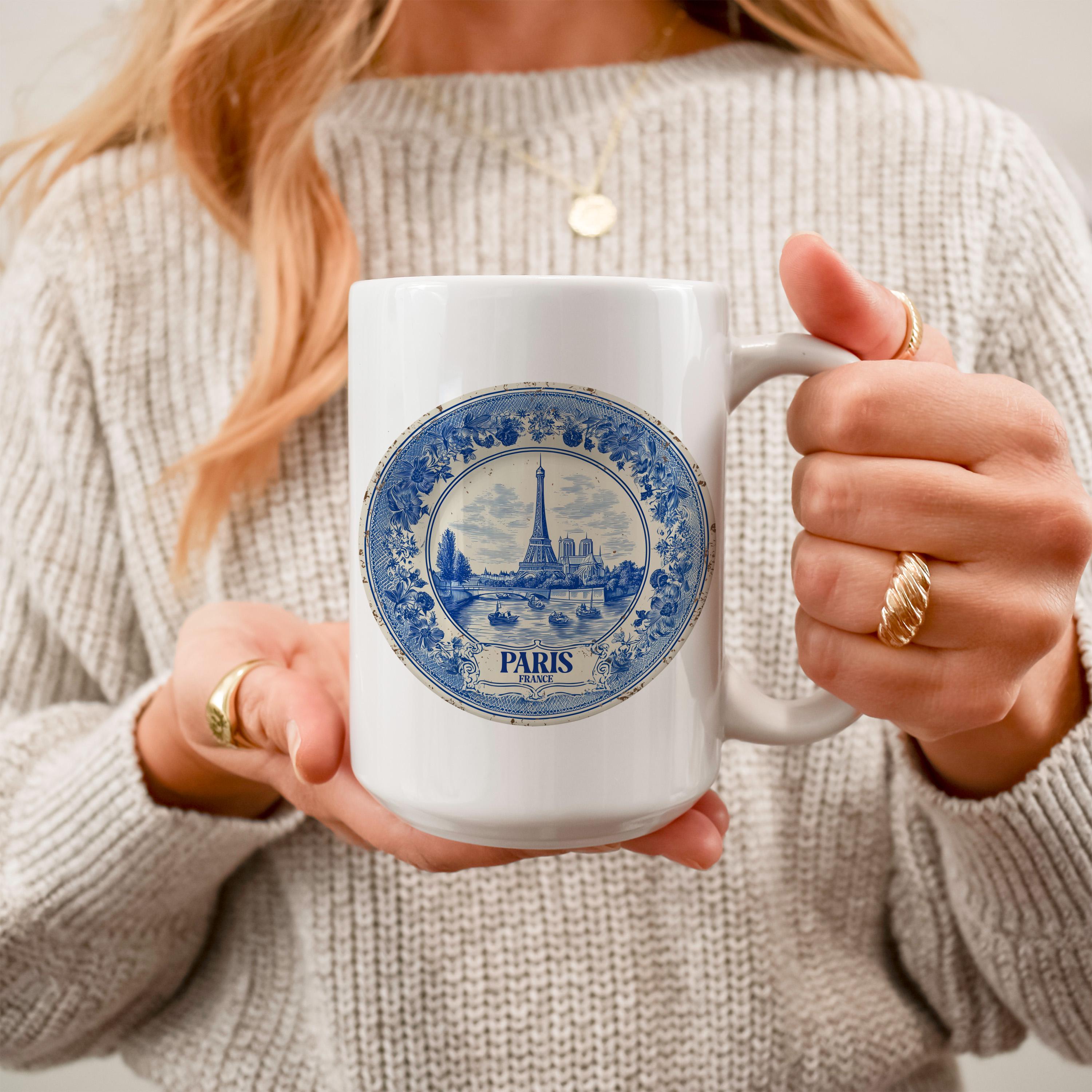 Paris France Mug, Custom Delft Style cup, Personalized Vintage Travel City Gift