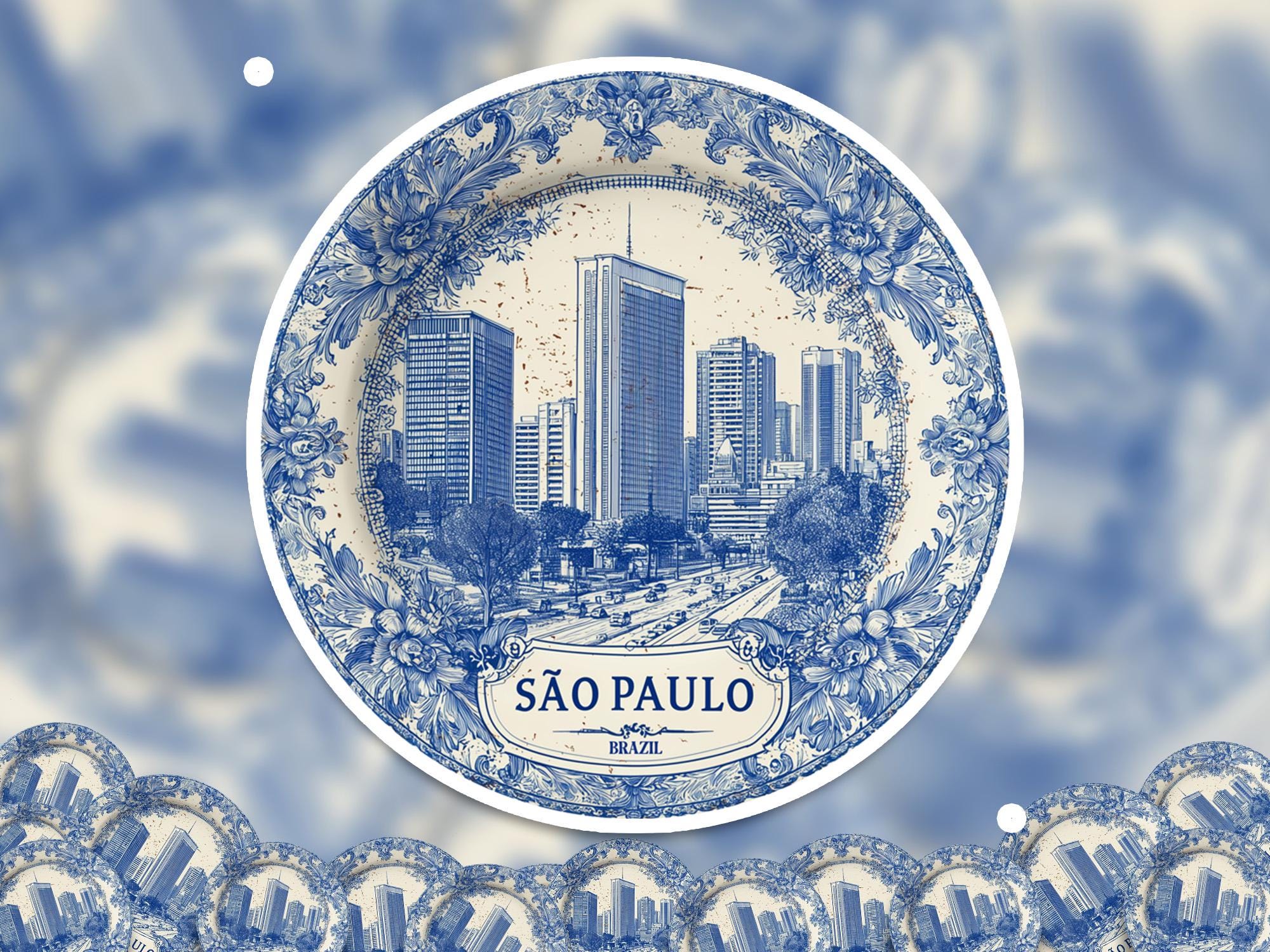 Sao Paulo Brazil Sticker Vintage Delft style, Delftware Decal Waterproof Vinyl, Blue City Travel