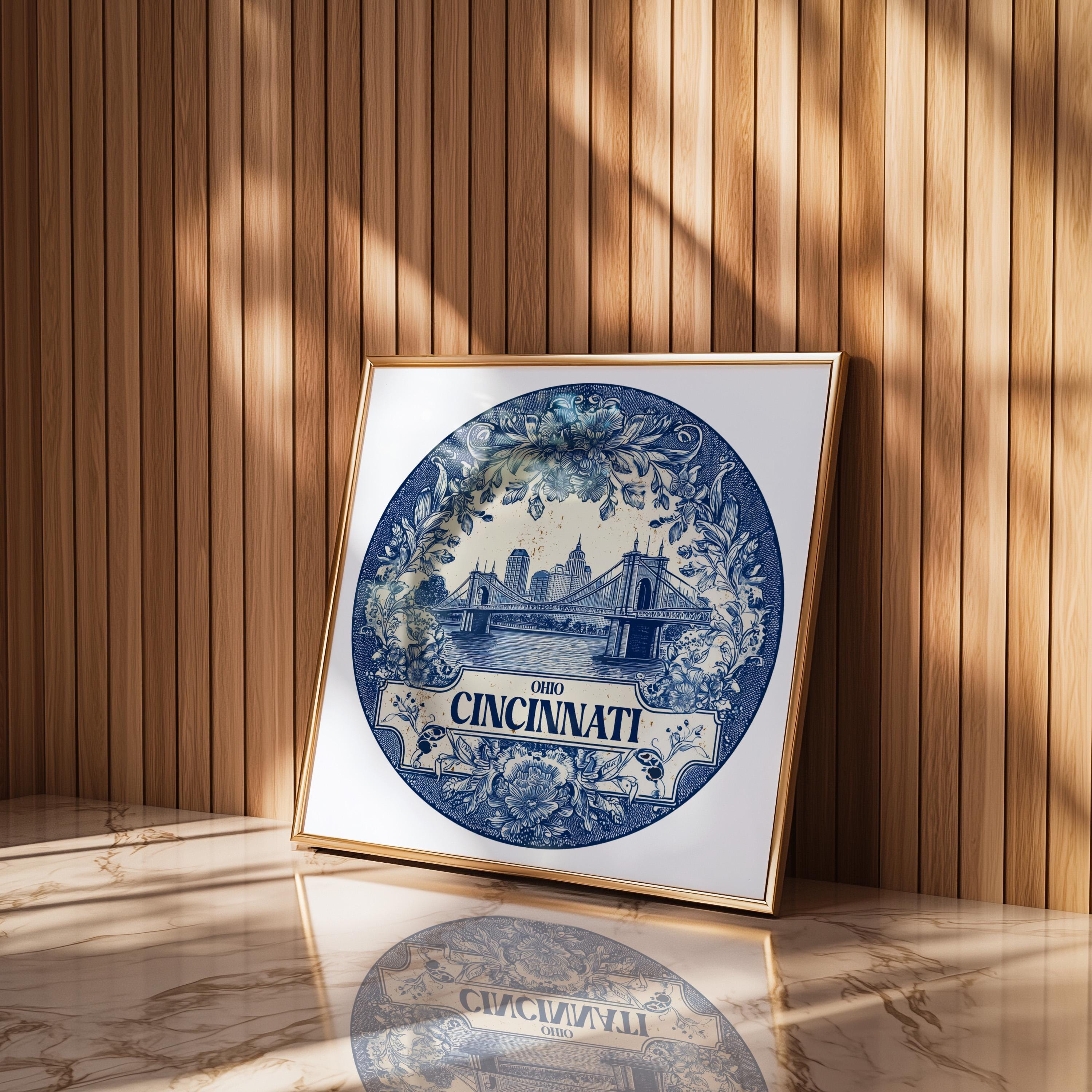 Cincinnati Ohio Wall Art, Vintage Delft Blue Poster, City Print, Travel Home Decor