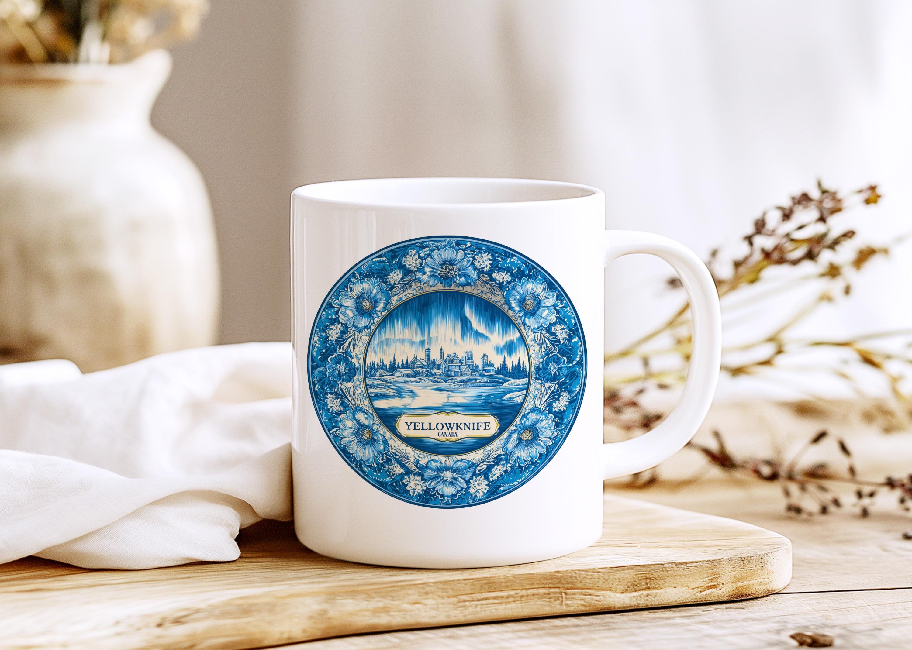 Yellowknife Canada Mug, Custom Delft Style cup, Personalized Vintage Travel City Gift