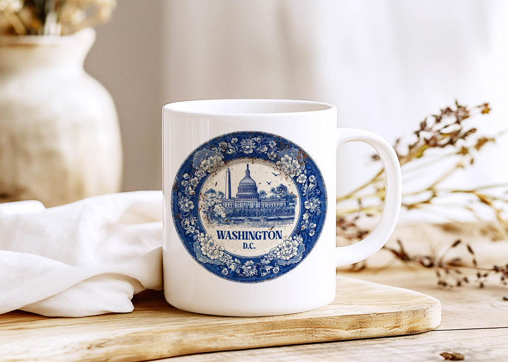Washington DC Mug, Custom Delft Style cup, Personalized Vintage Travel City Gift