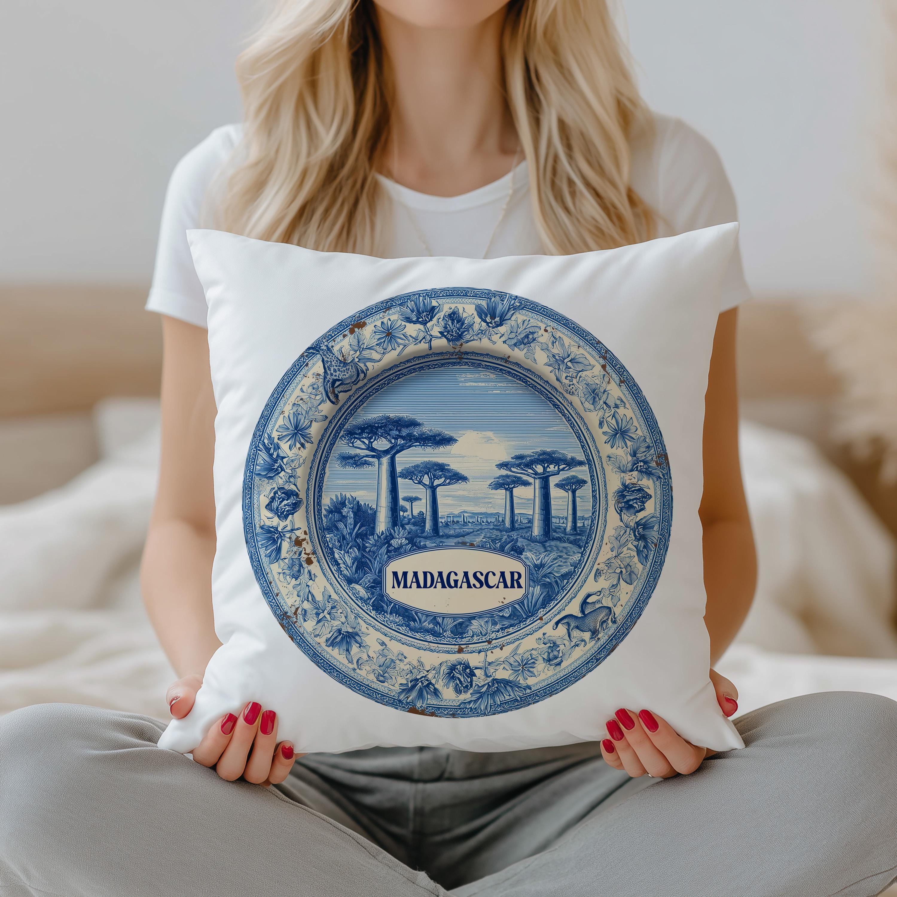 Madagascar Pillowcase, Delft Style Decorative Throw Pillow, Vintage Cityscape Retro Home Decor