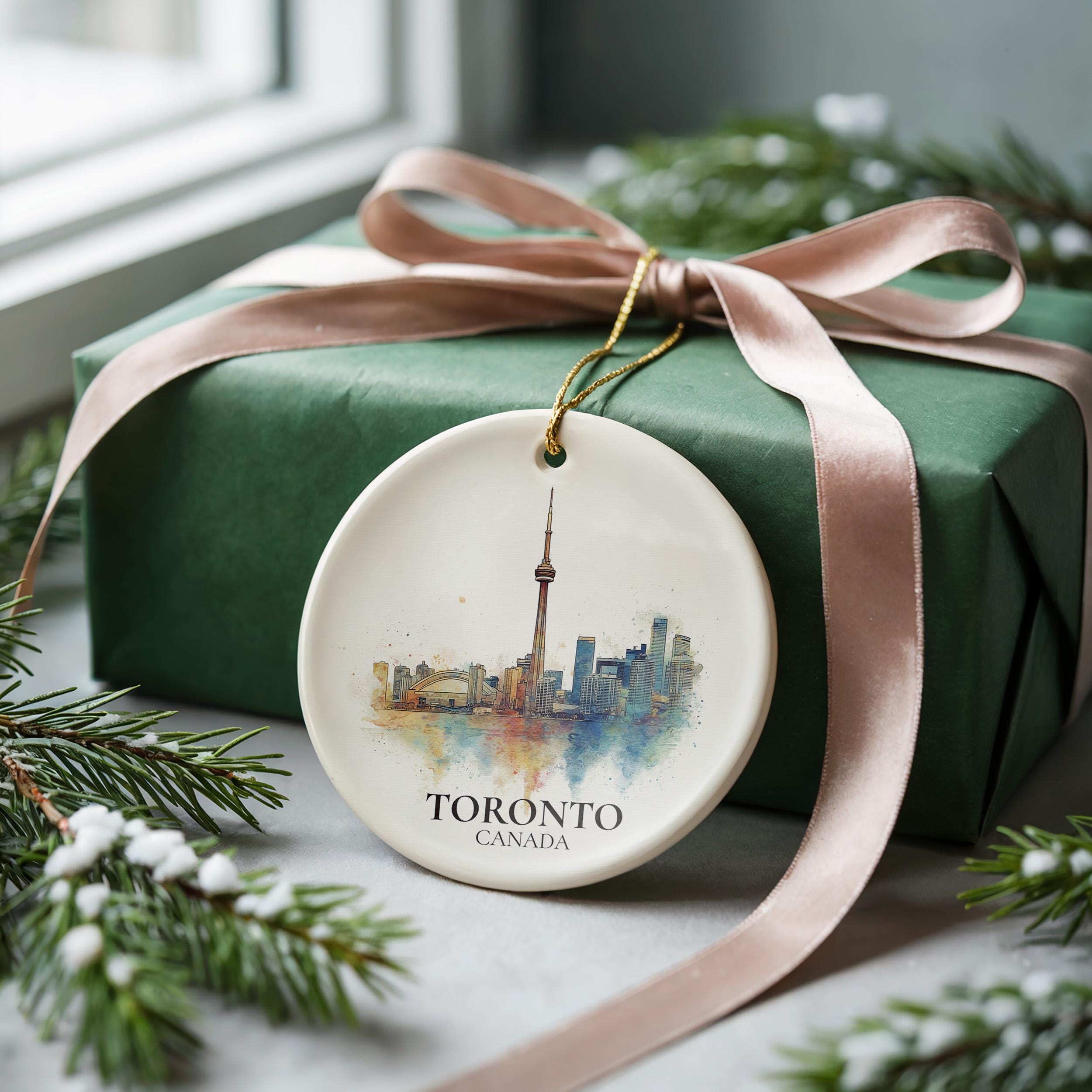 Toronto Canada Personalized Watercolor Ornament, Custom Ceramic Christmas gift, Travel Keepsake