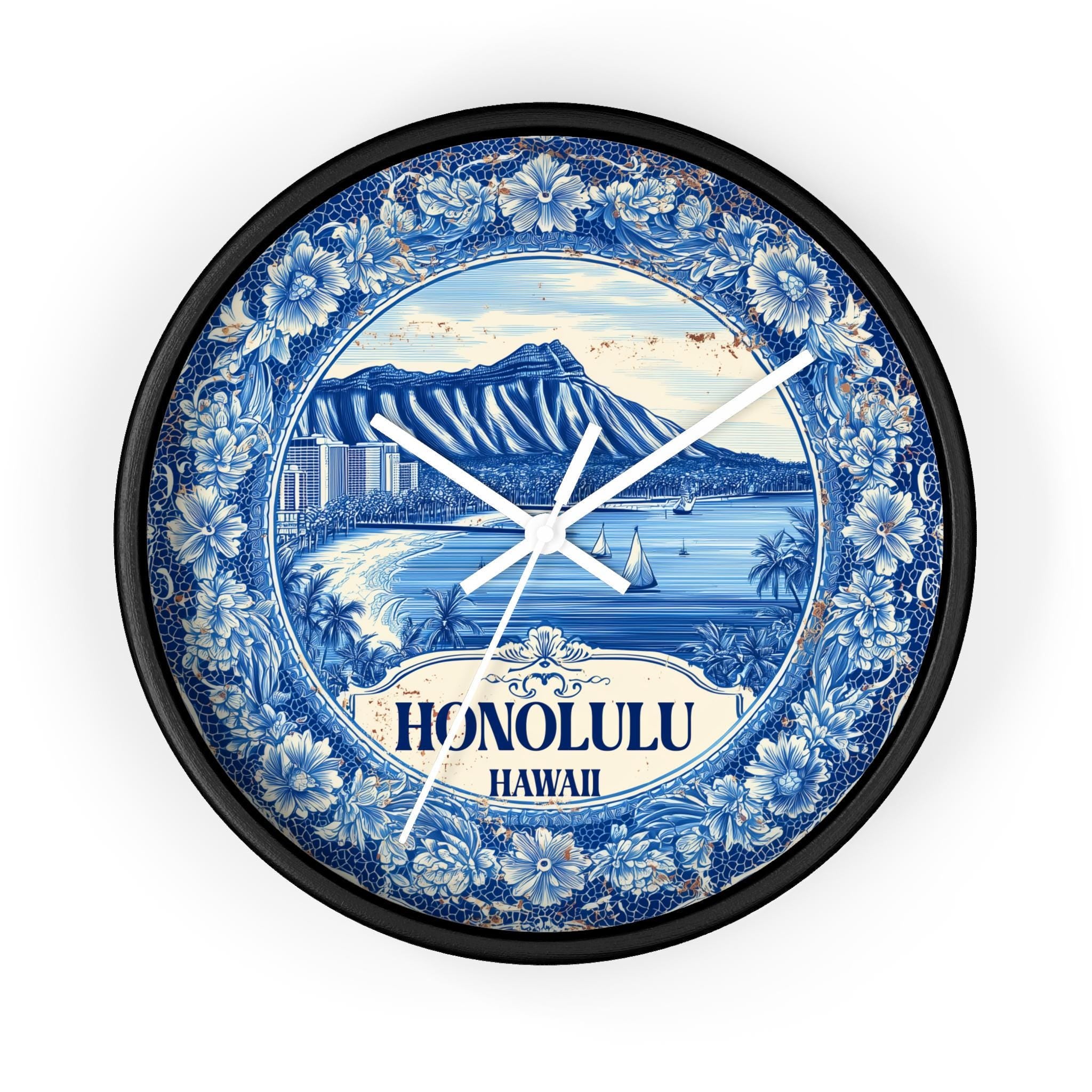 Honolulu Hawaii Wall Clock, Delf style Home Decor, Vintage City Travel Keepsake Art