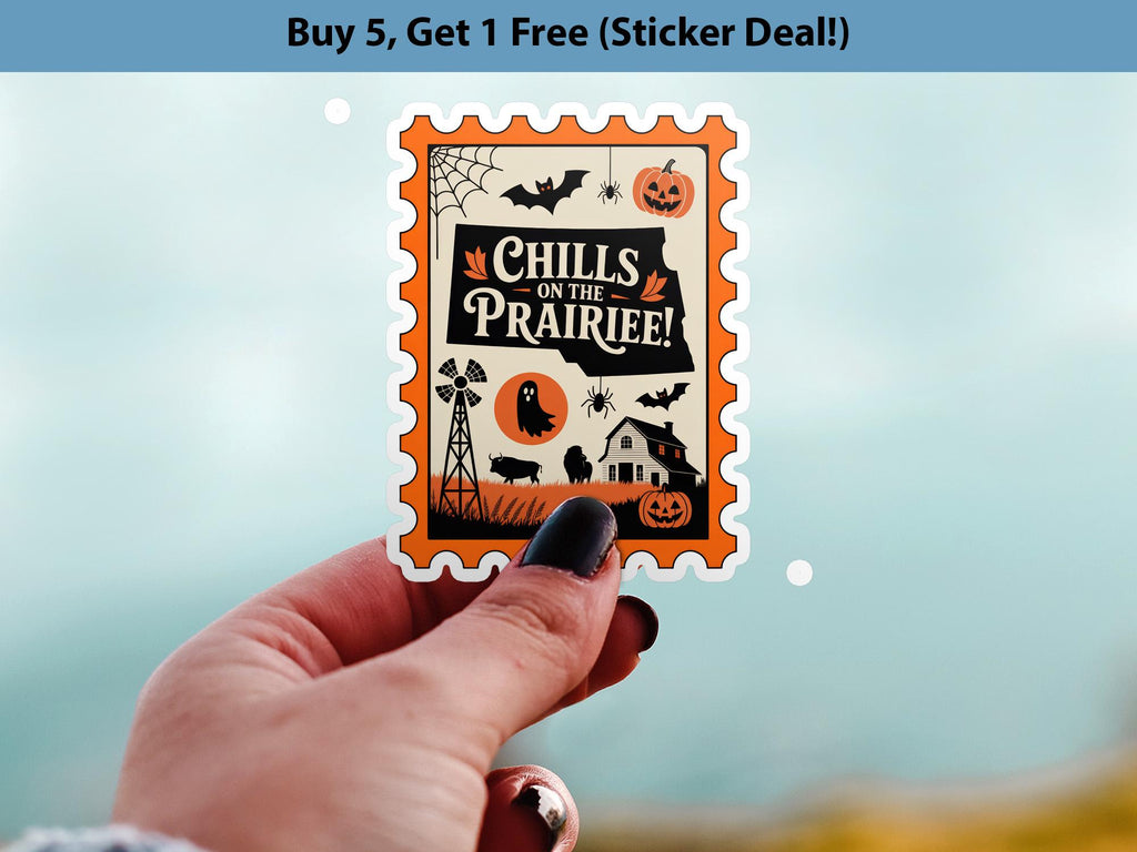 North Dakota Stamp Halloween Sticker, Spooky USA Kiss-Cut Vinyl, Waterproof Decal, United States Travel