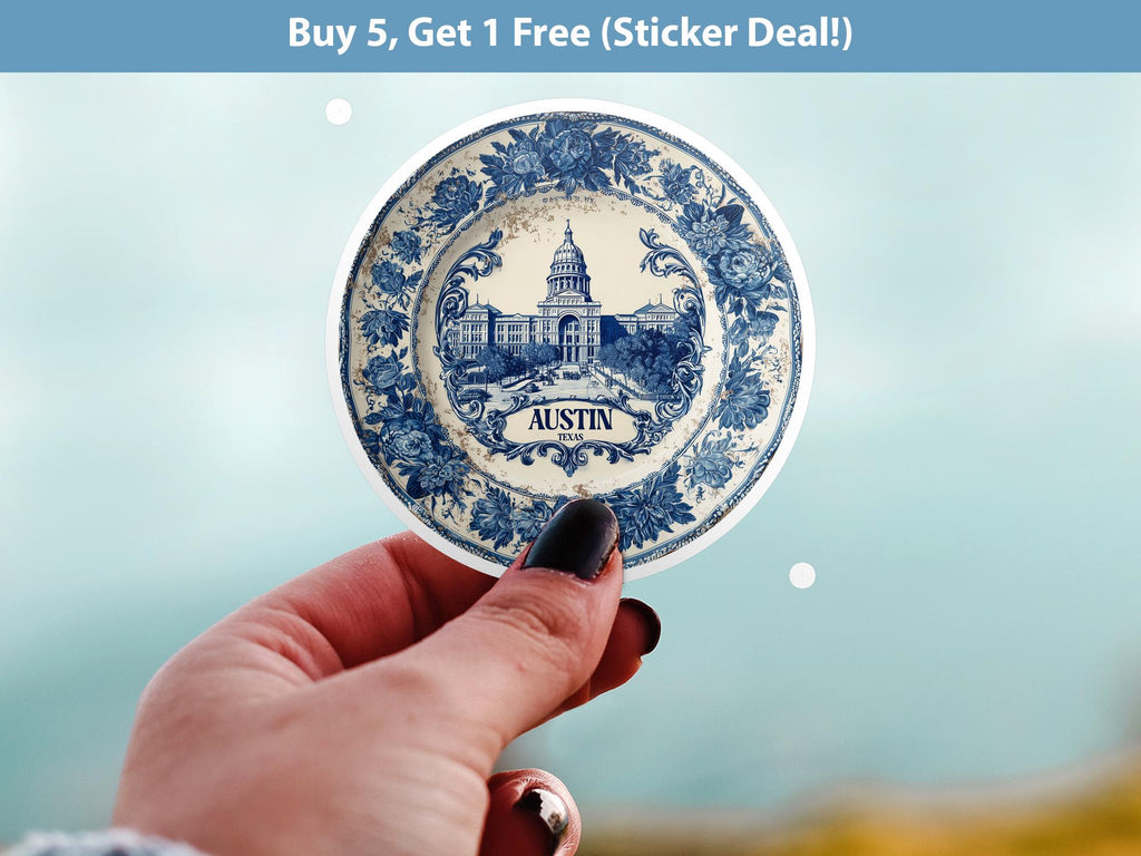 Austin Texas Sticker Vintage Delft style, Delftware Decal Waterproof Vinyl, Blue City Travel USA