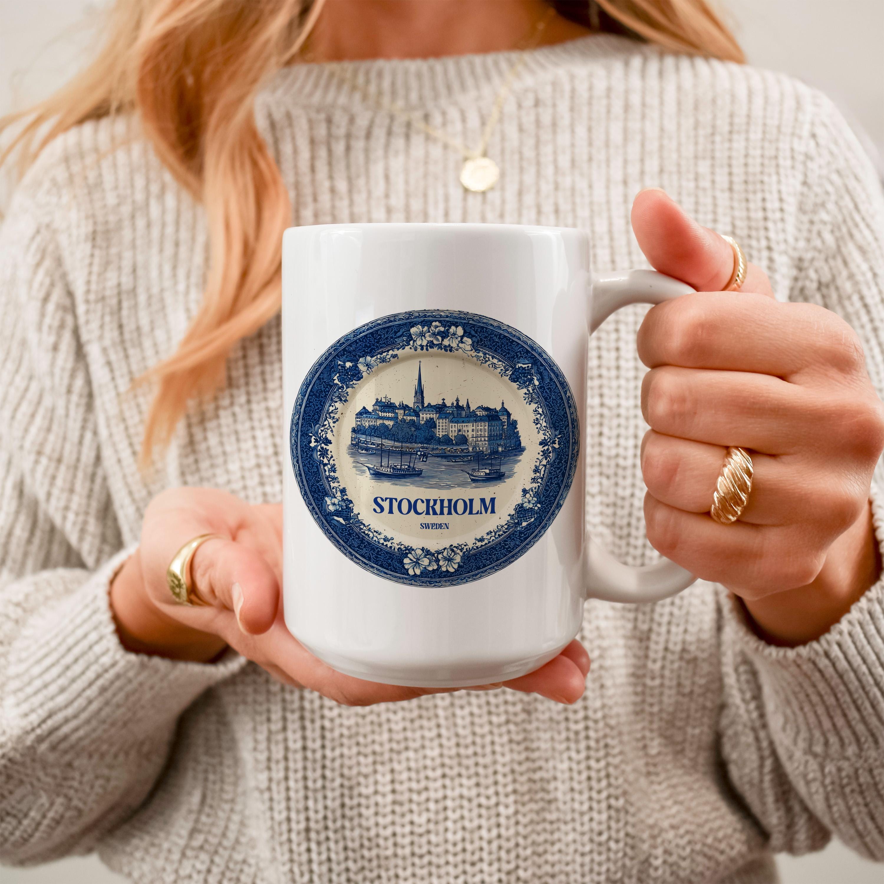 Stockholm Sweden Mug, Custom Delft Style cup, Personalized Vintage Travel City Gift