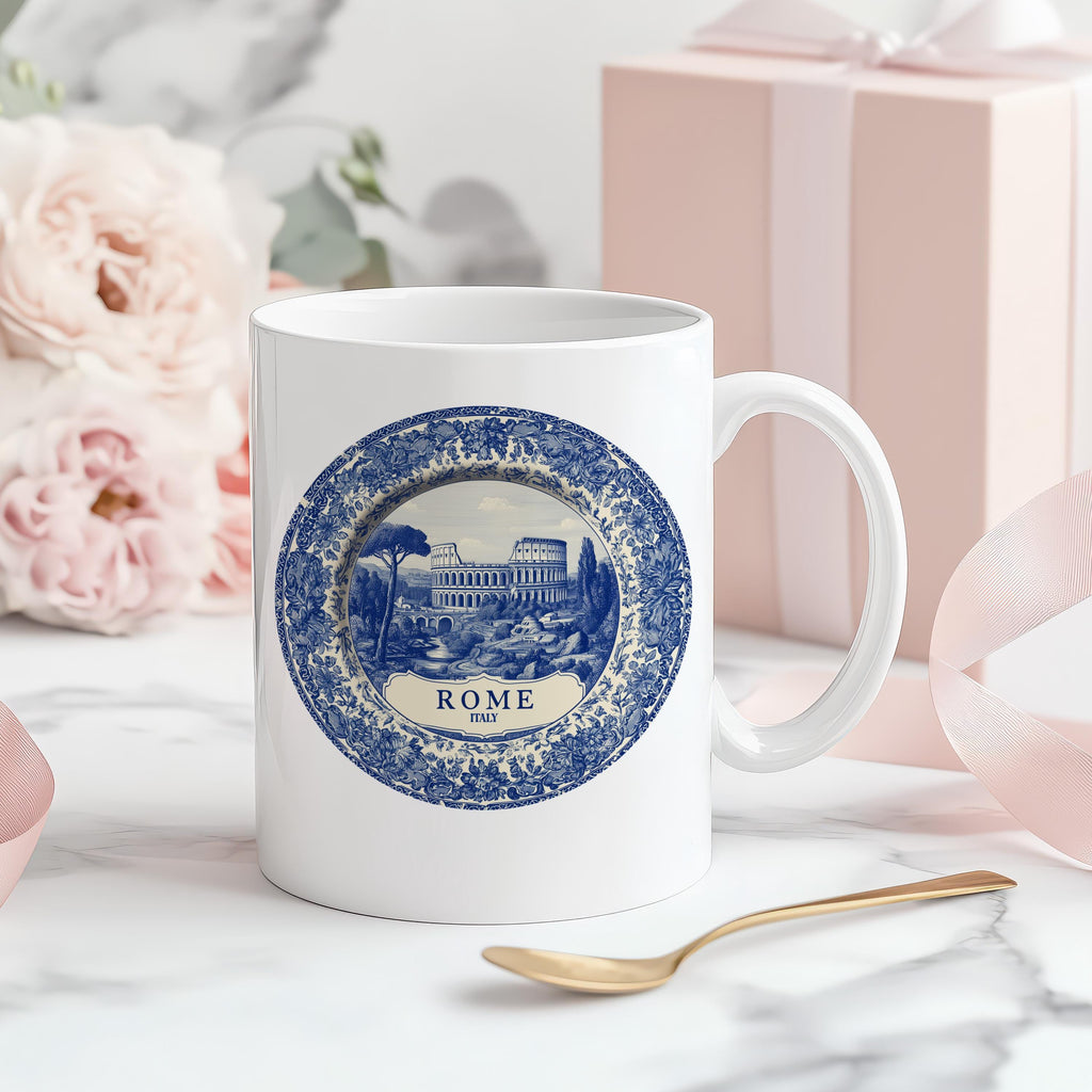 Rome Italy Mug, Custom Delft Style cup, Personalized Vintage Travel City Gift
