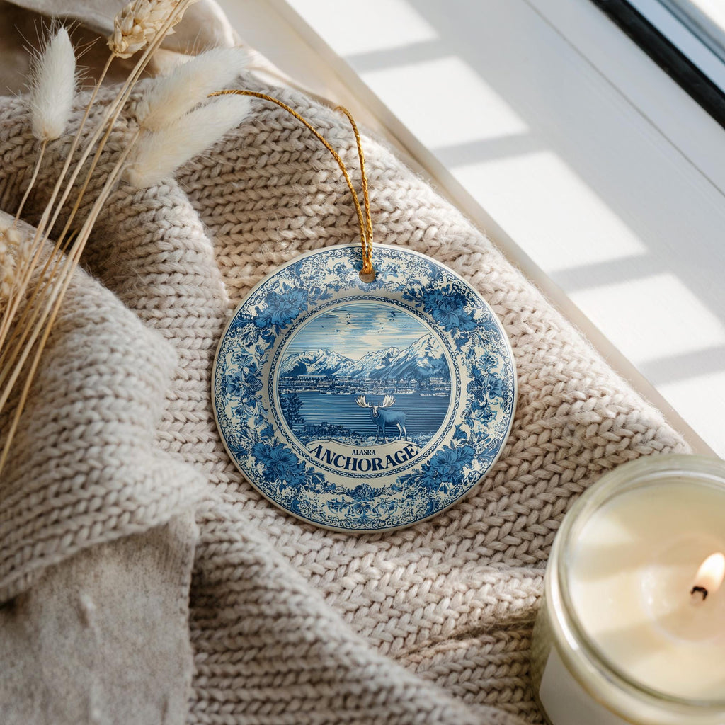 Custom Anchorage Alaska Ceramic Delft Ornament, Christmas Delftware Blue Delftware city travel