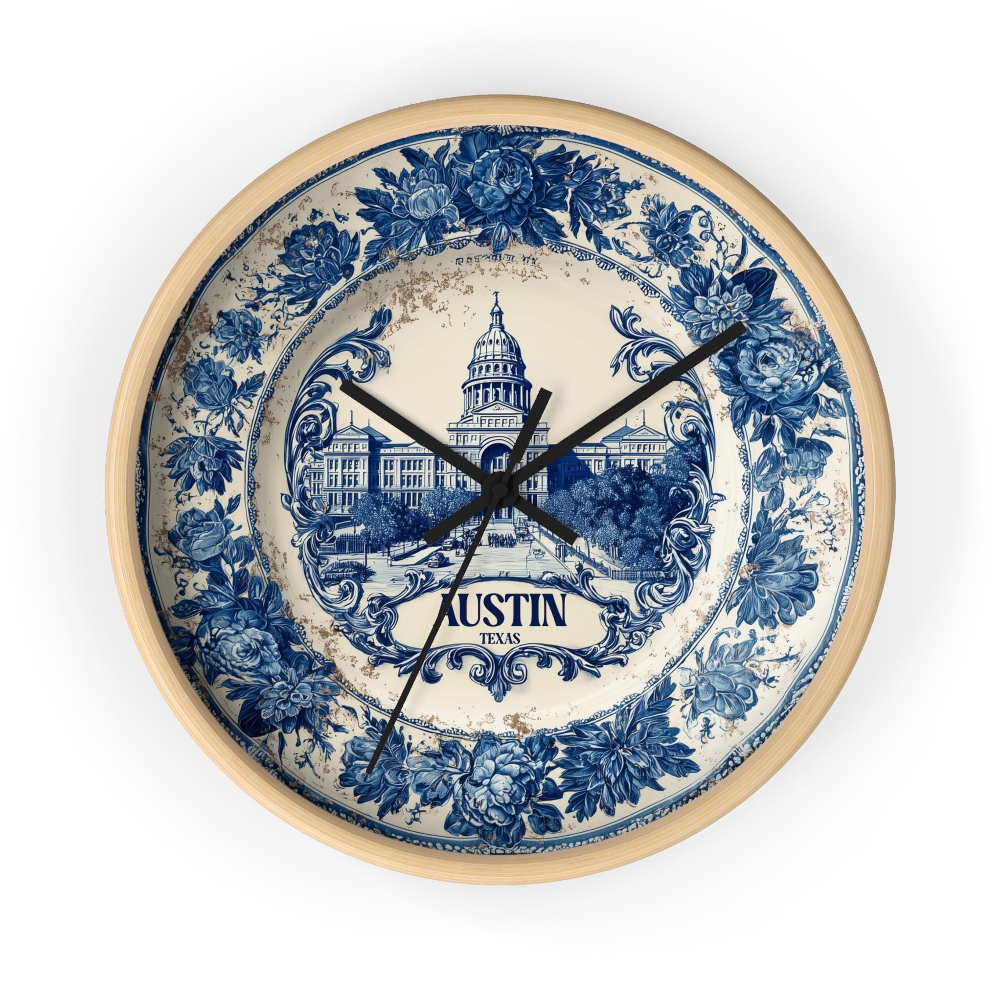 Austin Texas Wall Clock, Delf style Home Decor, Vintage City Travel Keepsake Art