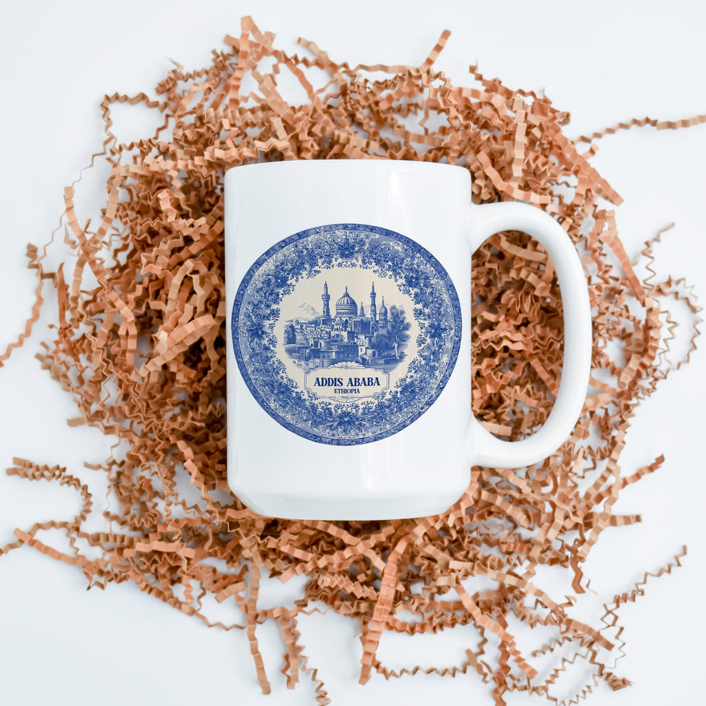 Addis Ababa Ethiopia Mug, Custom Delft Style cup, Personalized Vintage Travel City Gift