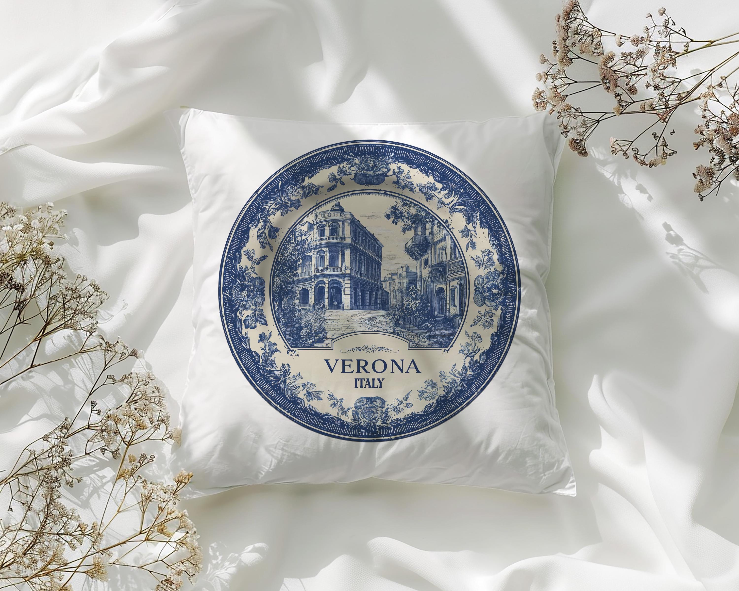 Verona Italy Pillowcase, Delft Style Decorative Throw Pillow, Vintage Cityscape Retro Home Decor