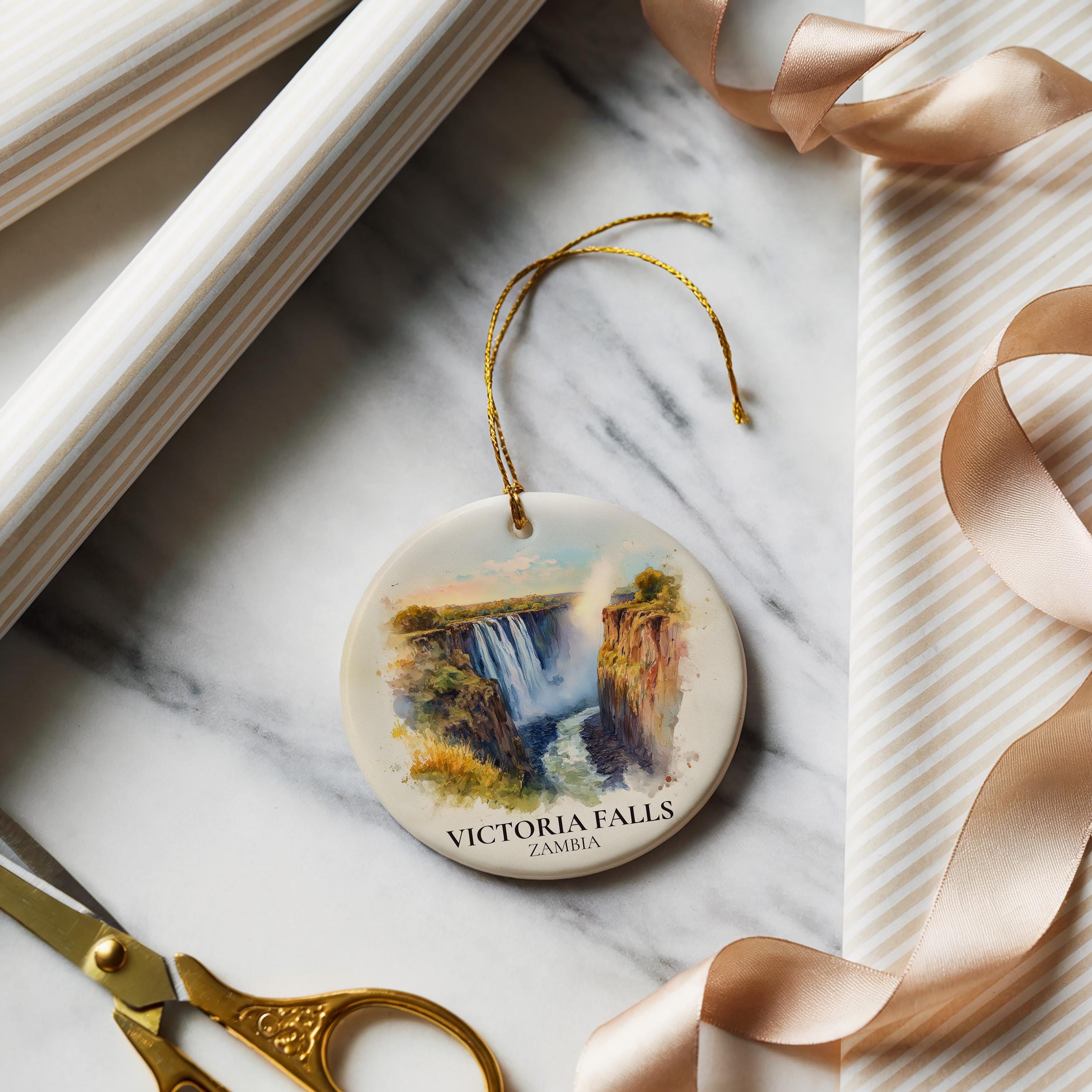 Victoria Falls Zambia Personalized Watercolor Ornament, Custom Ceramic Christmas gift, Travel Keepsake