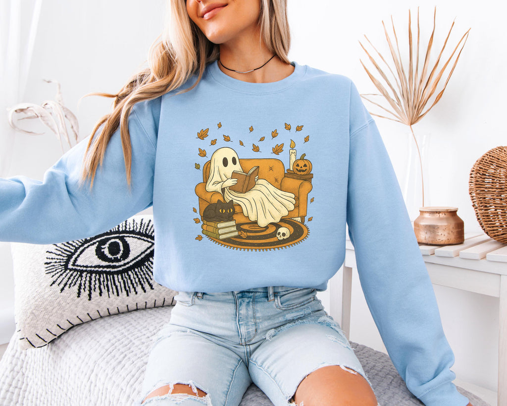 Ghost Book Reader Halloween Sweatshirt: Cozy Spooky Season Gift for book lovers