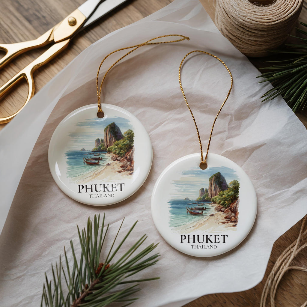 Phuket Thailand Personalized Watercolor Ornament, Custom Ceramic Christmas gift, Travel Keepsake