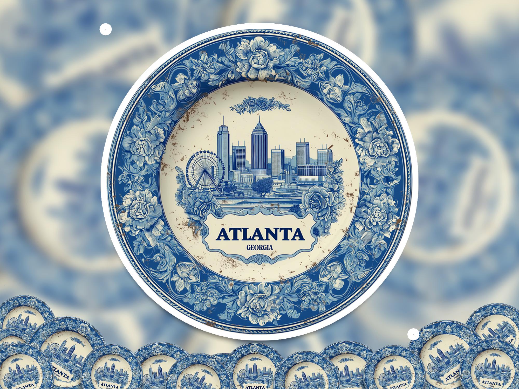 Atlanta Georgia Sticker Vintage Delft style, Delftware Decal Waterproof Vinyl, Blue City Travel USA