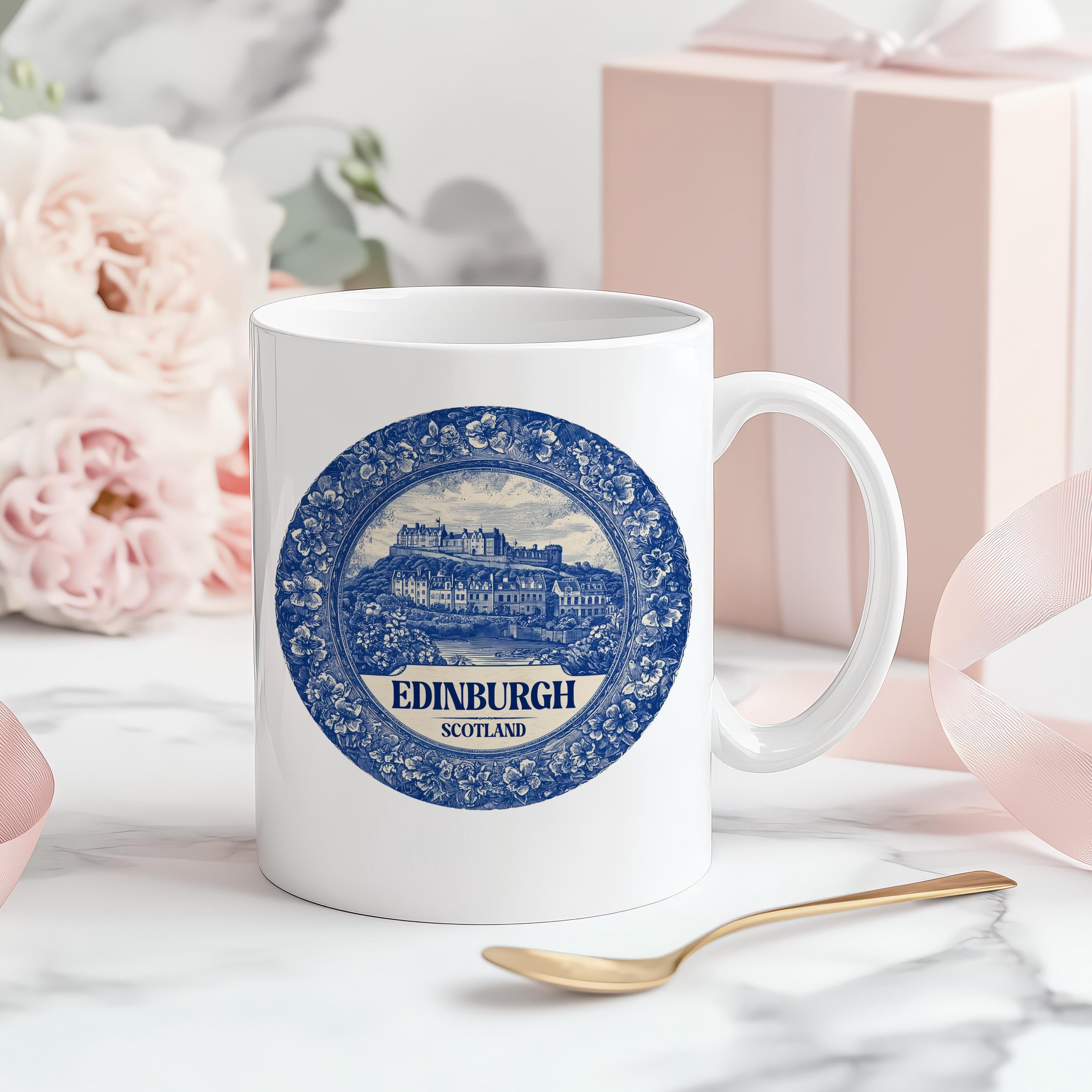 Edinburgh Scotland Mug, Custom Delft Style cup, Personalized Vintage Travel City Gift