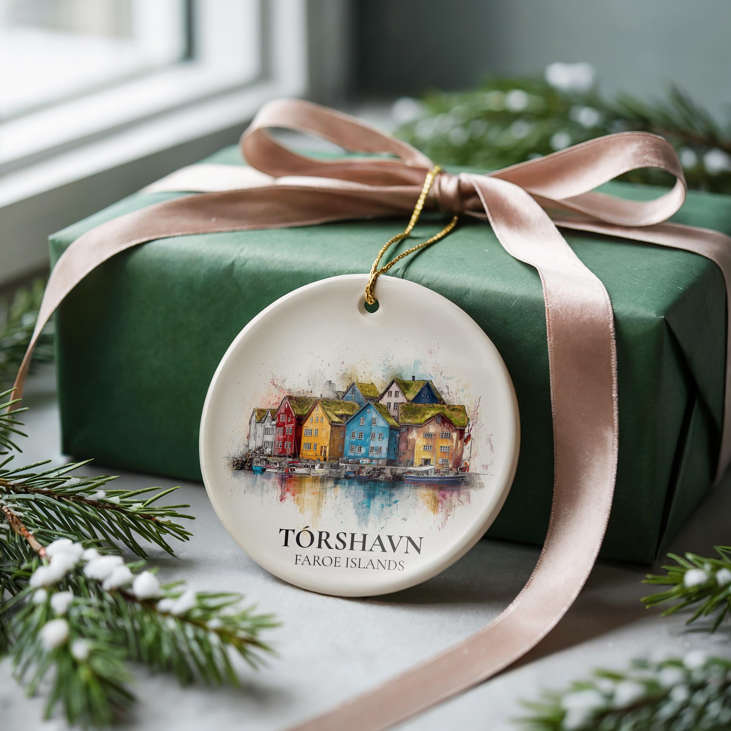 Torshavn Faroe Islands Personalized Watercolor Ornament, Custom Ceramic Christmas gift, Travel Keepsake