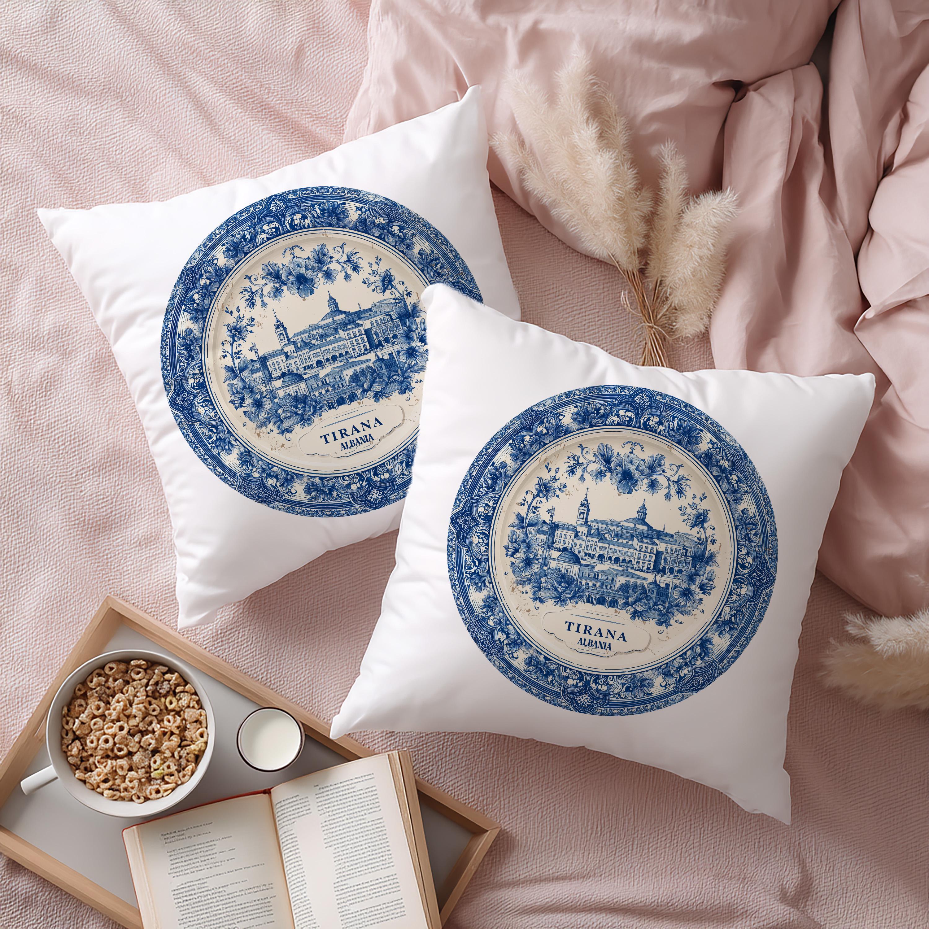 Tirana Albania Pillowcase, Delft Style Decorative Throw Pillow, Vintage Cityscape Retro Home Decor