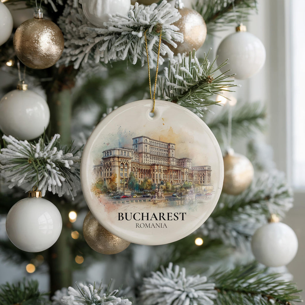 Bucharest Romania Personalized Watercolor Ornament, Custom Ceramic Christmas gift, Travel Keepsake