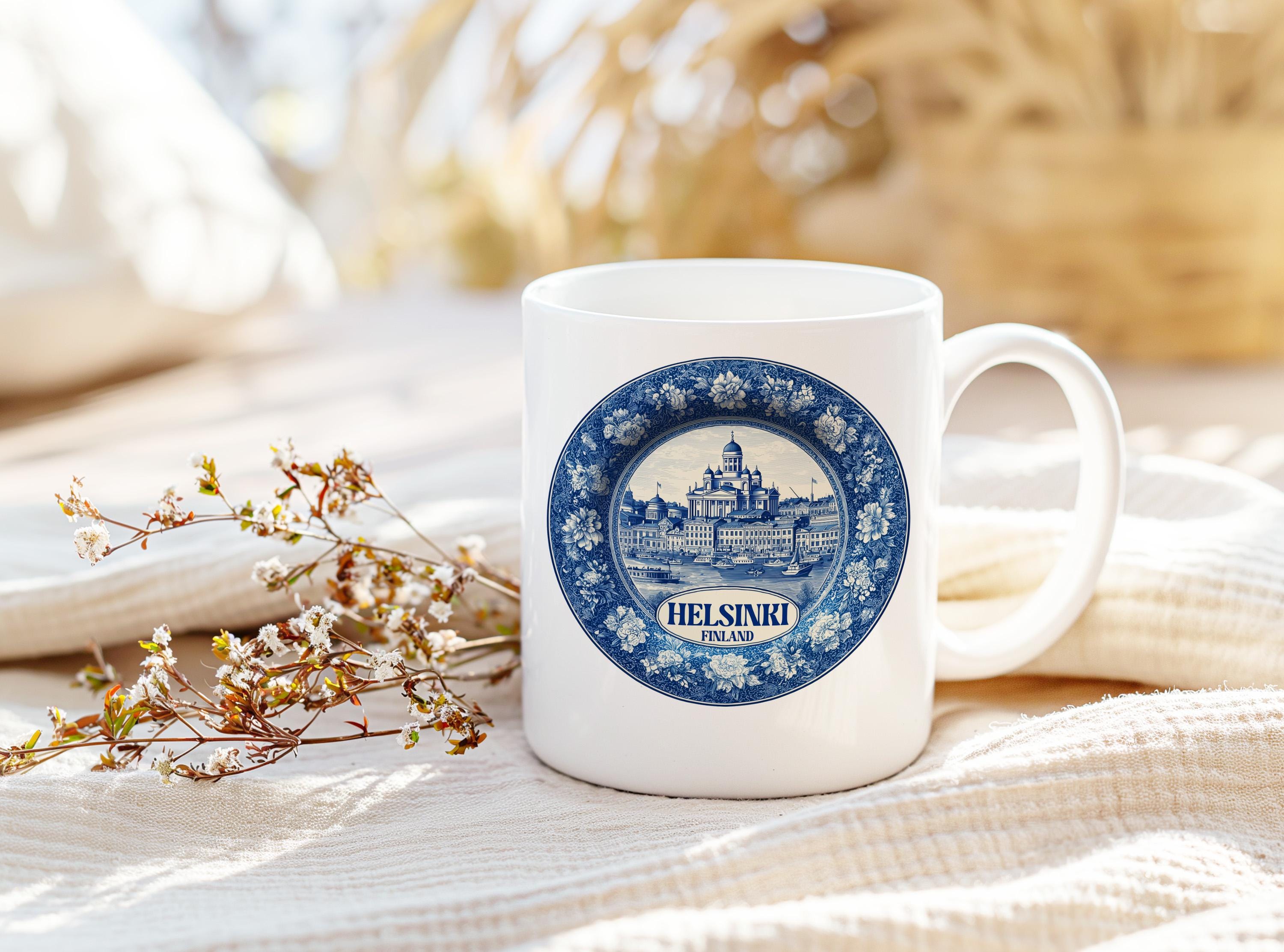 Helsinki Finland Mug, Custom Delft Style cup, Personalized Vintage Travel City Gift