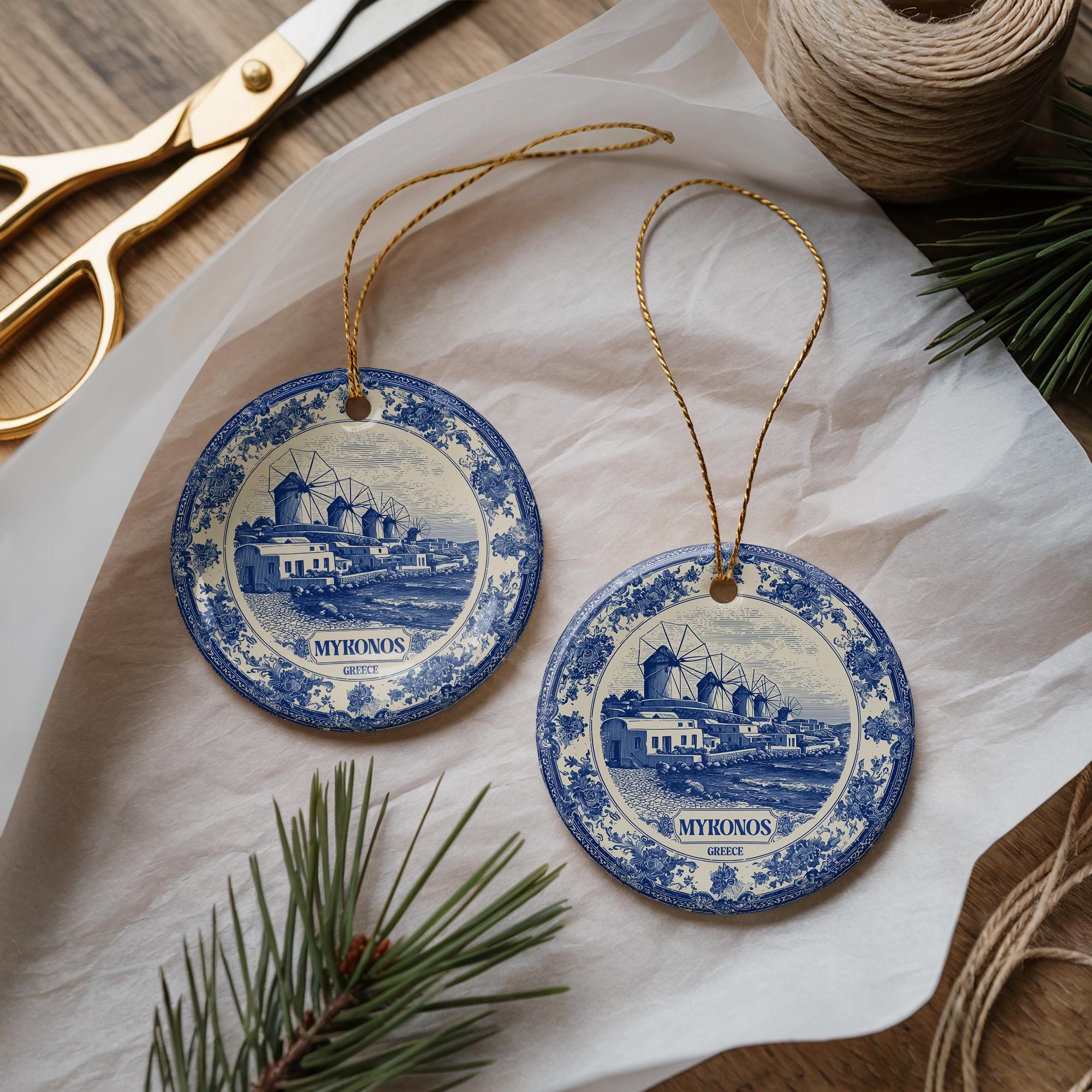 Custom Mykonos Greece Ceramic Delft Ornament, Christmas Delftware Blue Delftware city travel