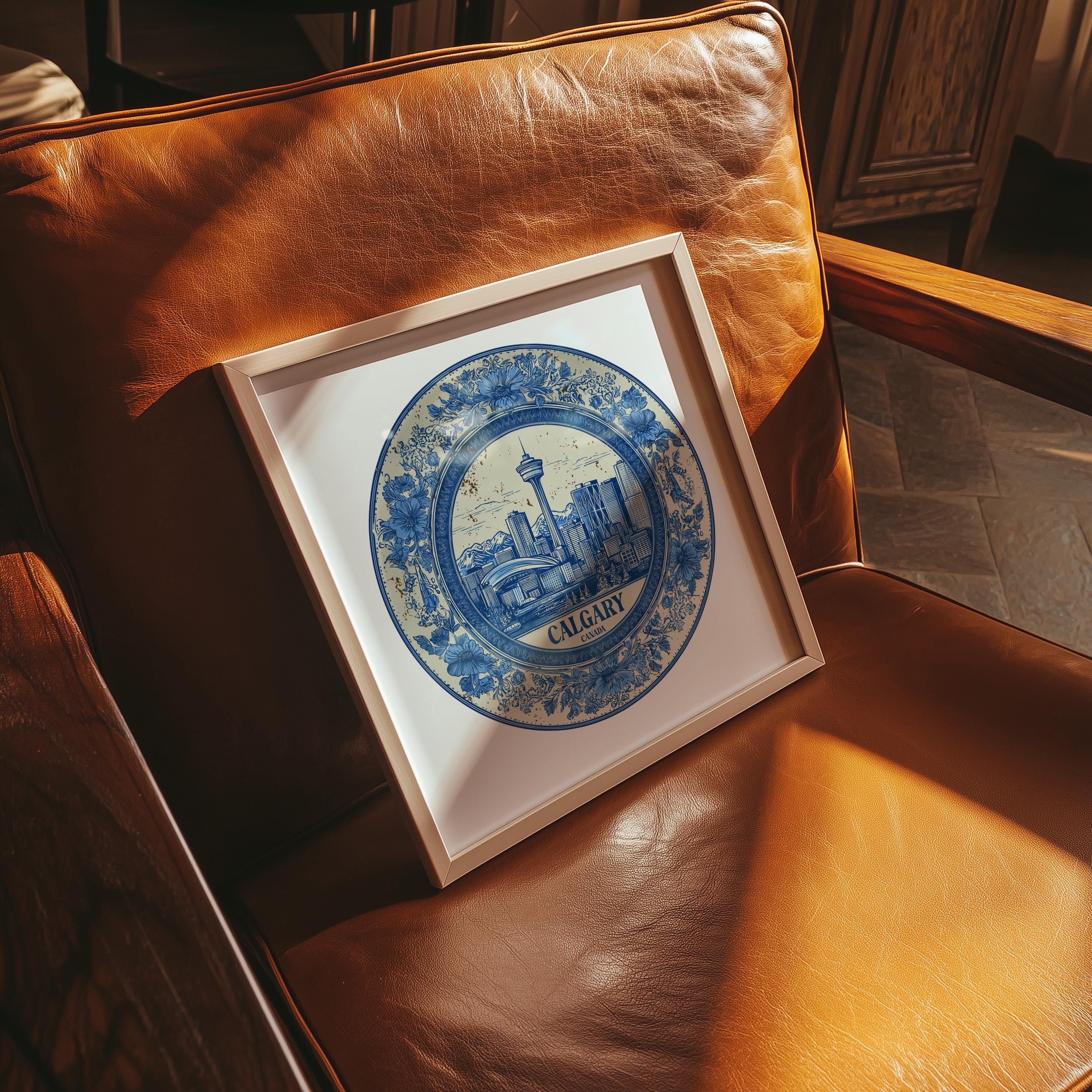 Calgary Canada Wall Art, Vintage Delft Blue Poster, City Print, Travel Home Decor