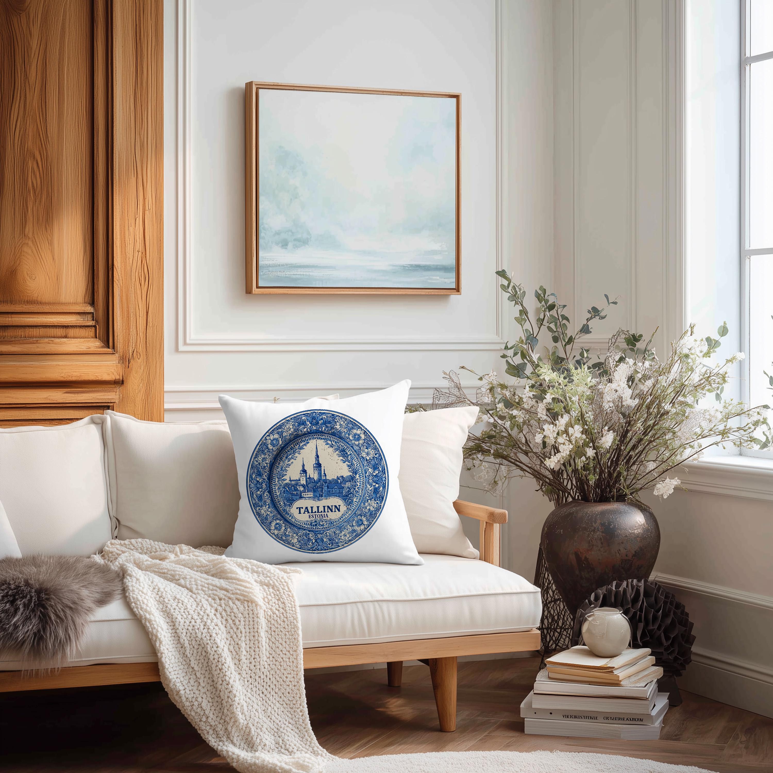 Tallinn Estonia Pillowcase, Delft Style Decorative Throw Pillow, Vintage Cityscape Retro Home Decor