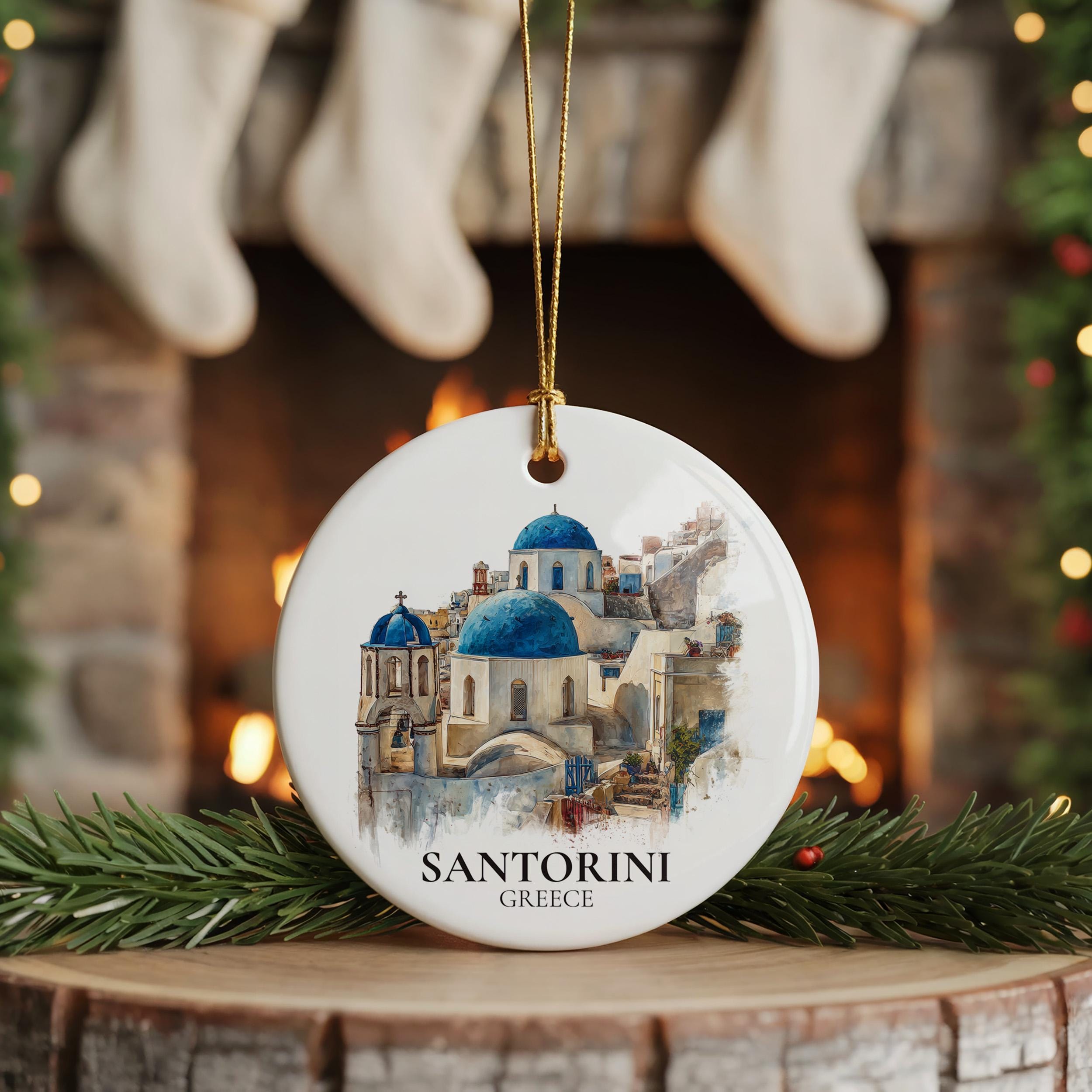 Santorini Greece Personalized Watercolor Ornament, Custom Ceramic Christmas gift, Travel Keepsake