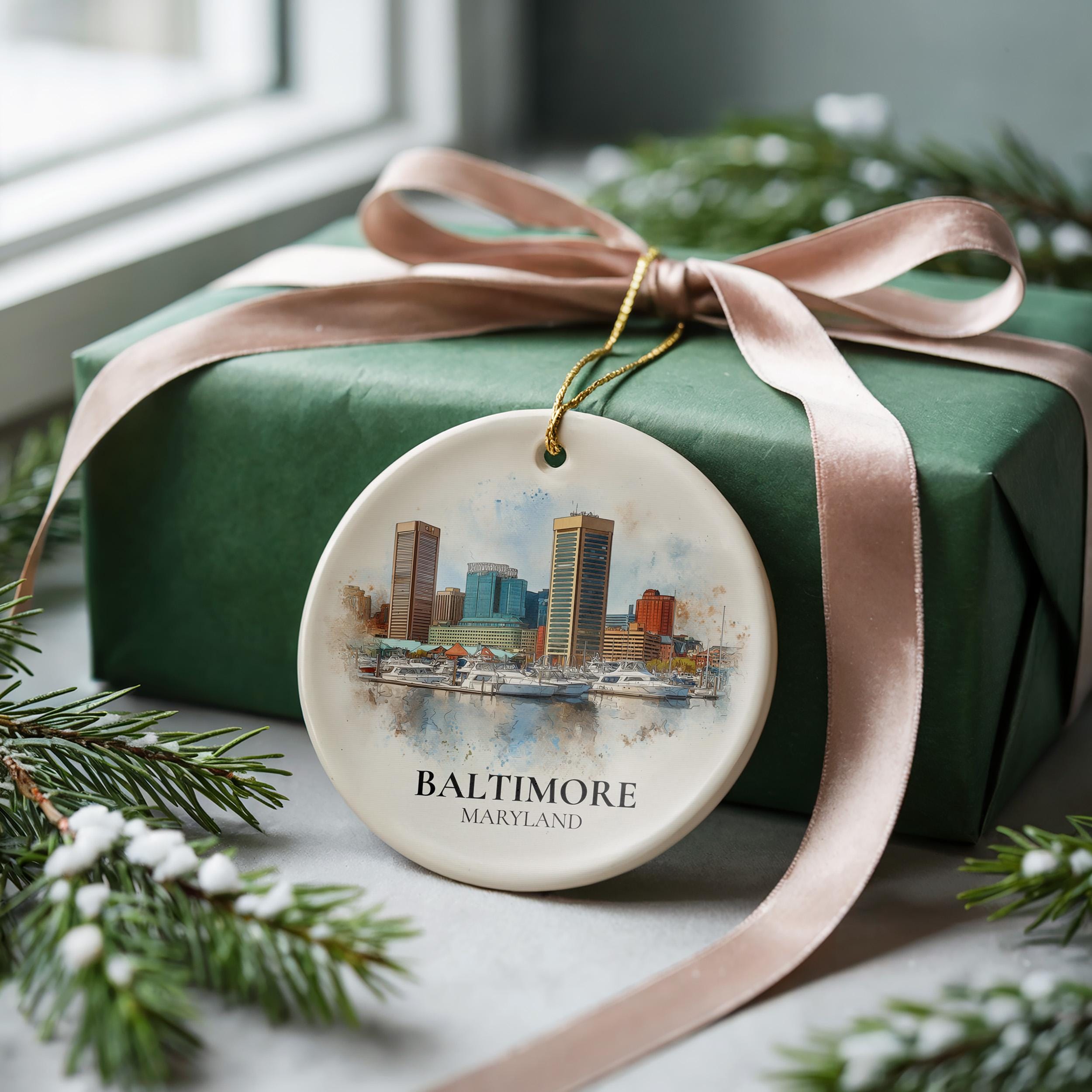 Baltimore Maryland Personalized Watercolor Ornament, Custom Ceramic Christmas gift, Travel Keepsake
