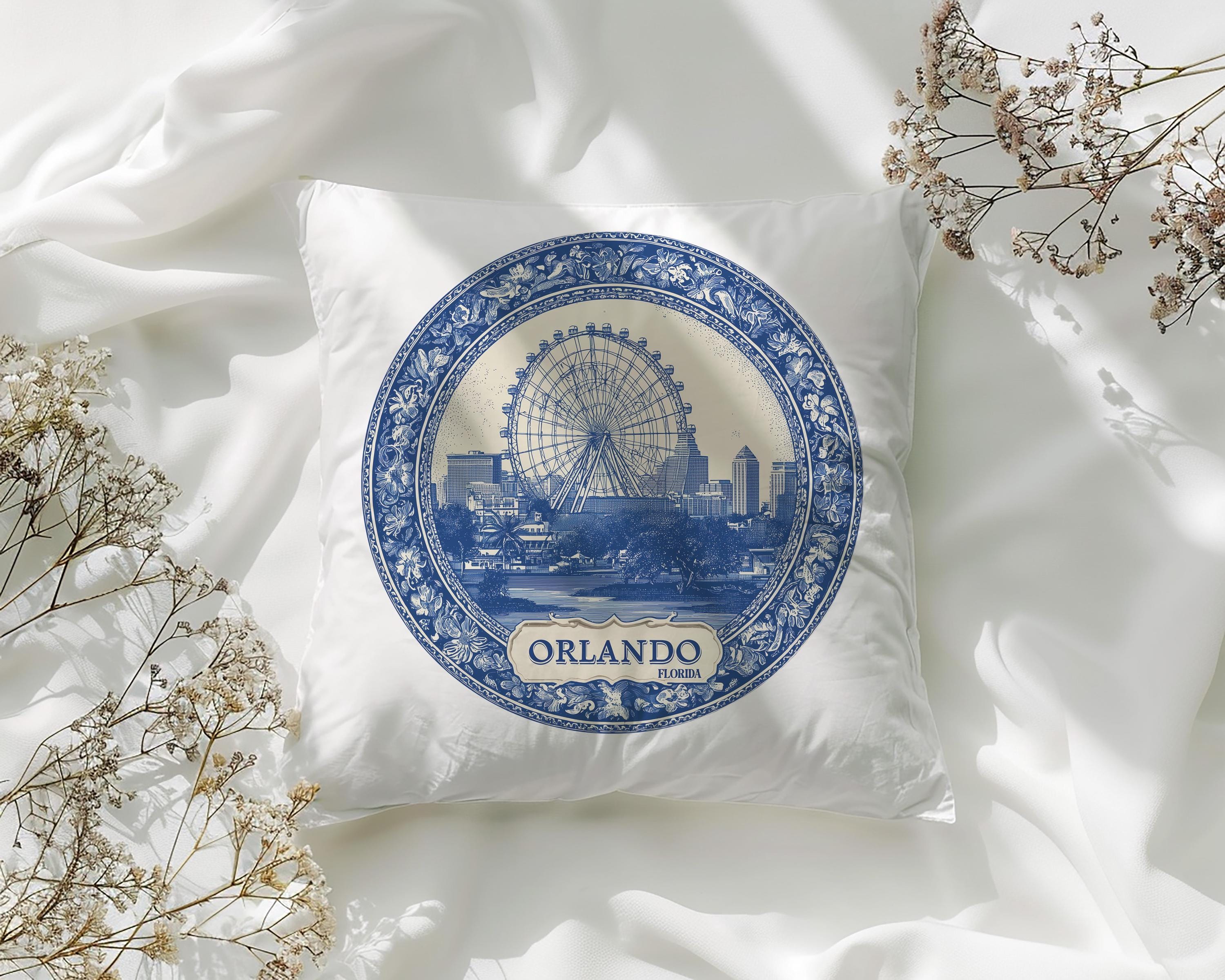 Orlando Florida Pillowcase, Delft Style Decorative Throw Pillow, Vintage Cityscape Retro Home Decor