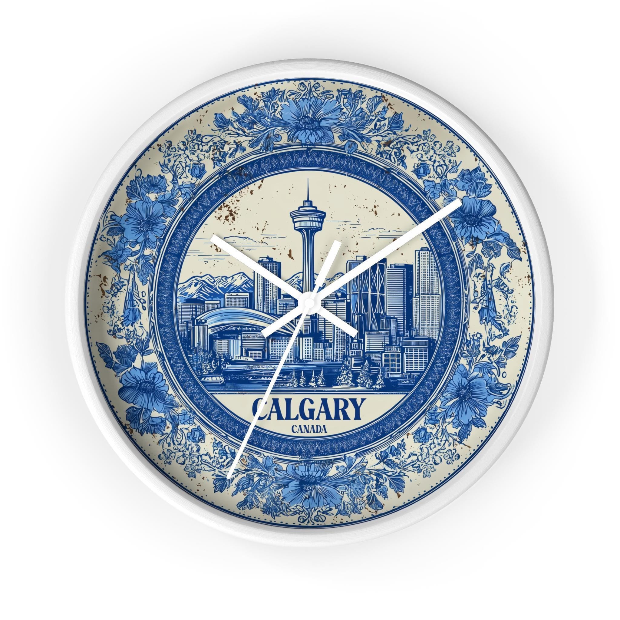 Calgary Canada Wall Clock, Delf style Home Decor, Vintage City Travel Keepsake Art
