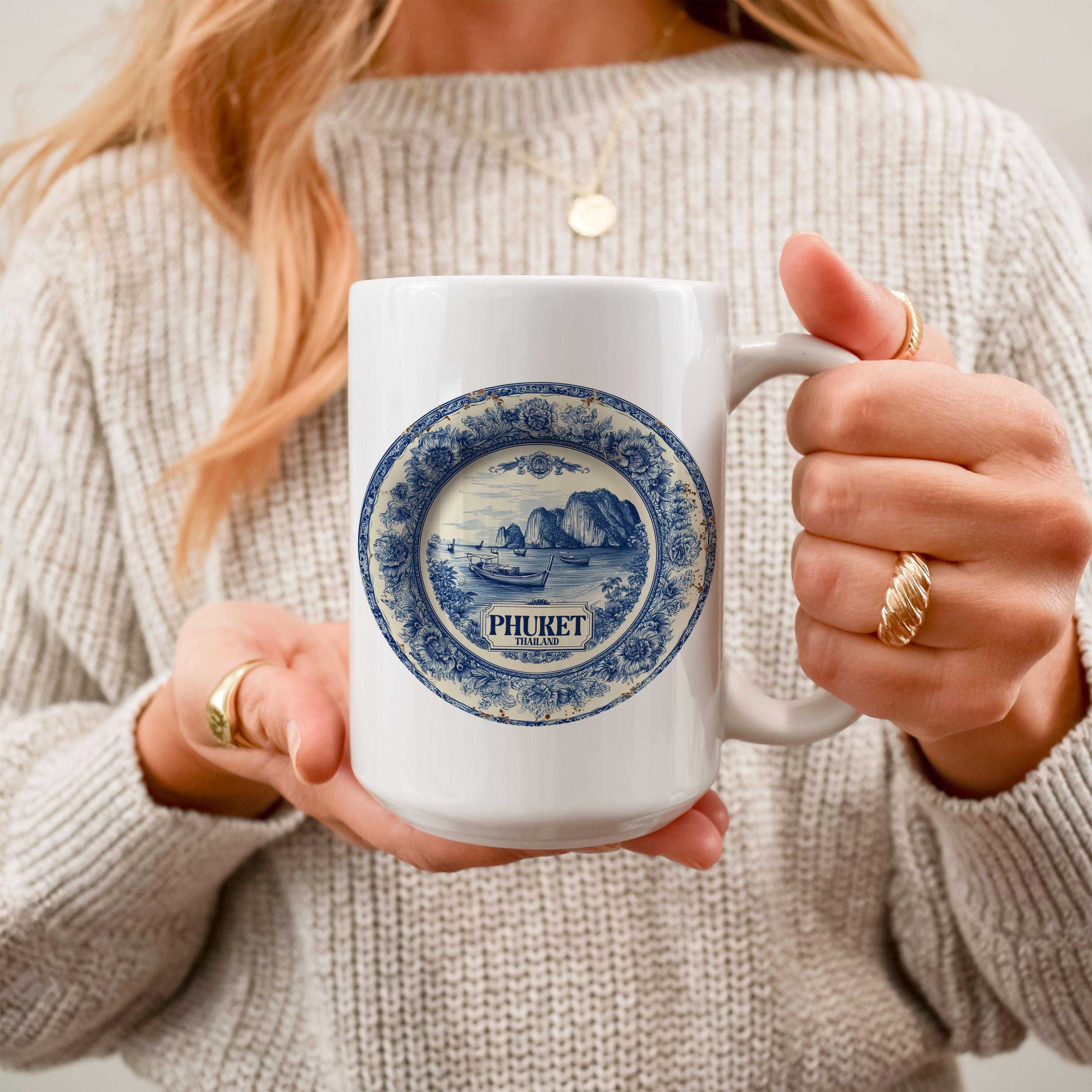 Phuket Thailand Mug, Custom Delft Style cup, Personalized Vintage Travel City Gift