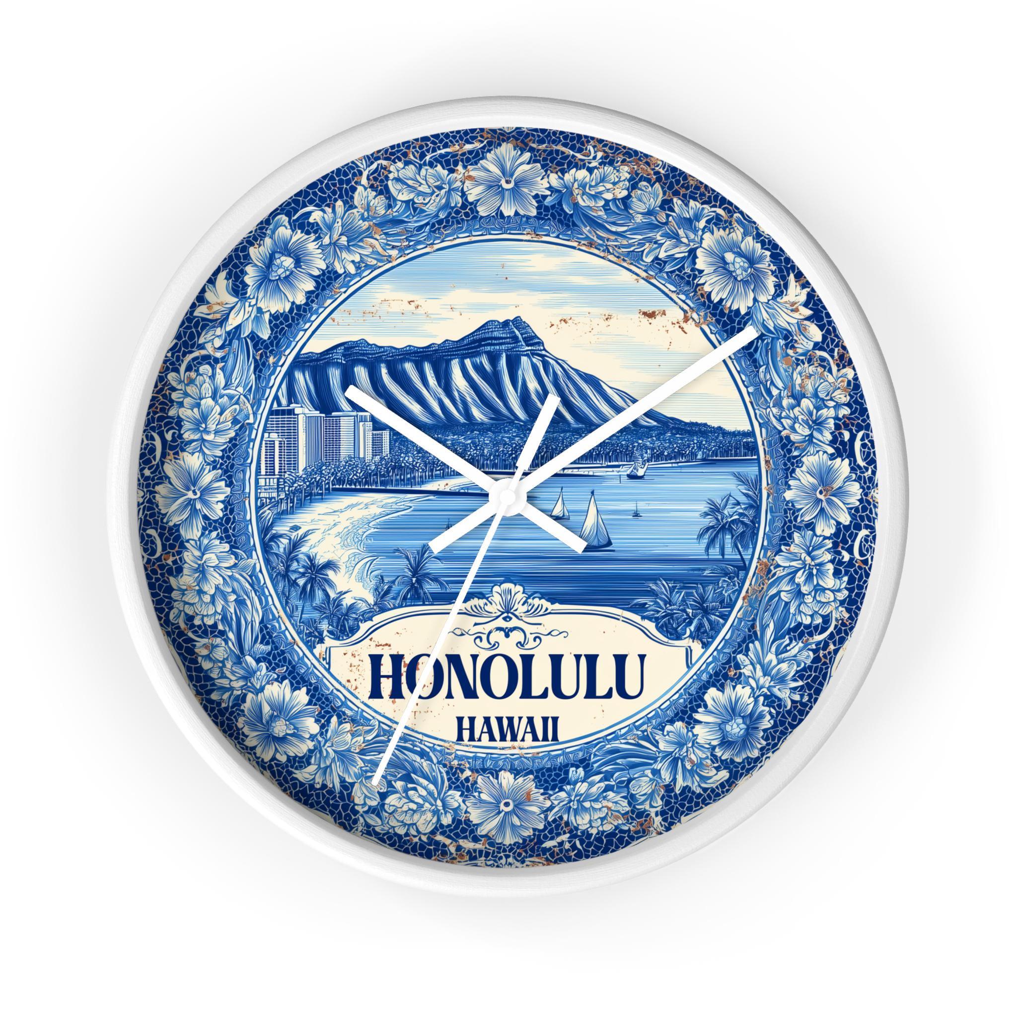 Honolulu Hawaii Wall Clock, Delf style Home Decor, Vintage City Travel Keepsake Art